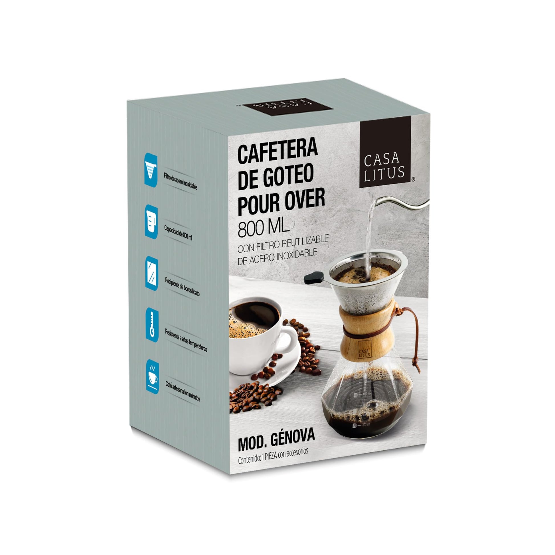 CASA LITUS Cafetera tipo Chemex Grande (800 ml) con Filtro Reutilizable de Acero Inoxidable, Cafetera de Goteo Pour Over Café Molido, Agarradera de Bambú y Vidrio de Borosilicato, Rinde 4 Tazas.