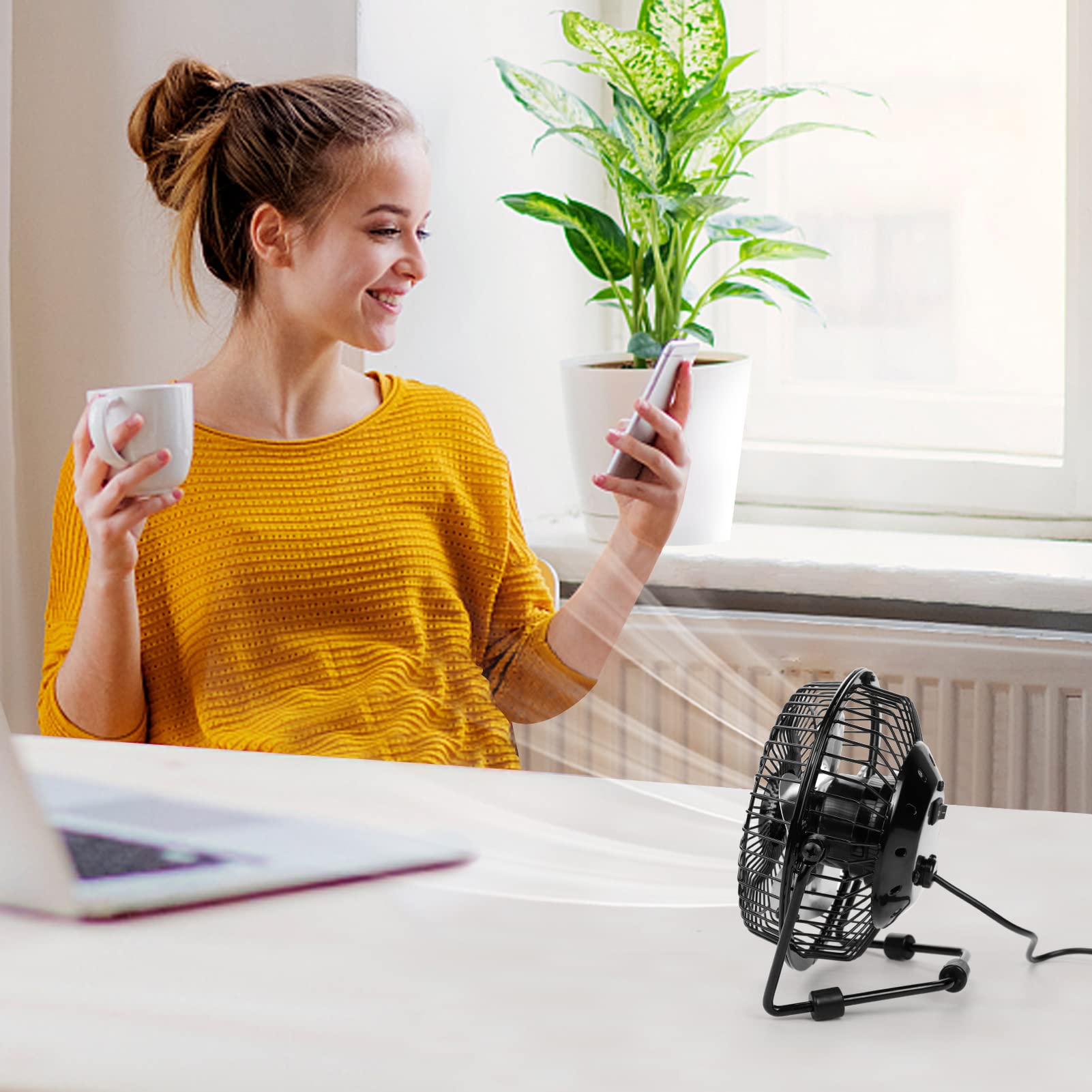 Ventilador de Escritorio USB de 4 Pulgadas xasla Negro con Estructura Metálica, Alta Potencia y Ángulo Ajustable 360°