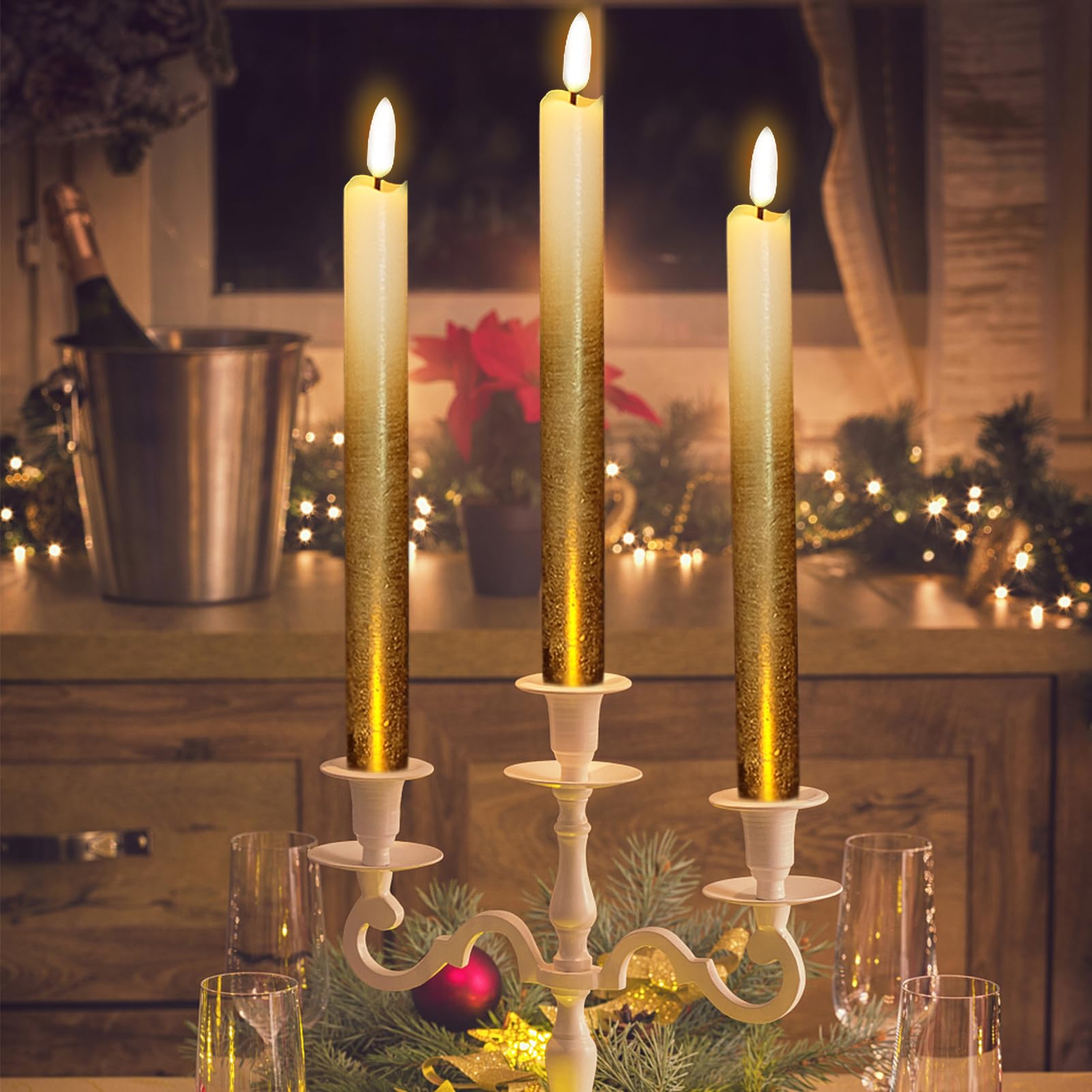 DRomance - Velas cónicas doradas sin llama funcionan con pilas con temporizador remoto, cera real 3D con mecha, velas LED parpadeantes, decoración de cena, boda, día festivo (paquete de 6, 0.78 x 9.64