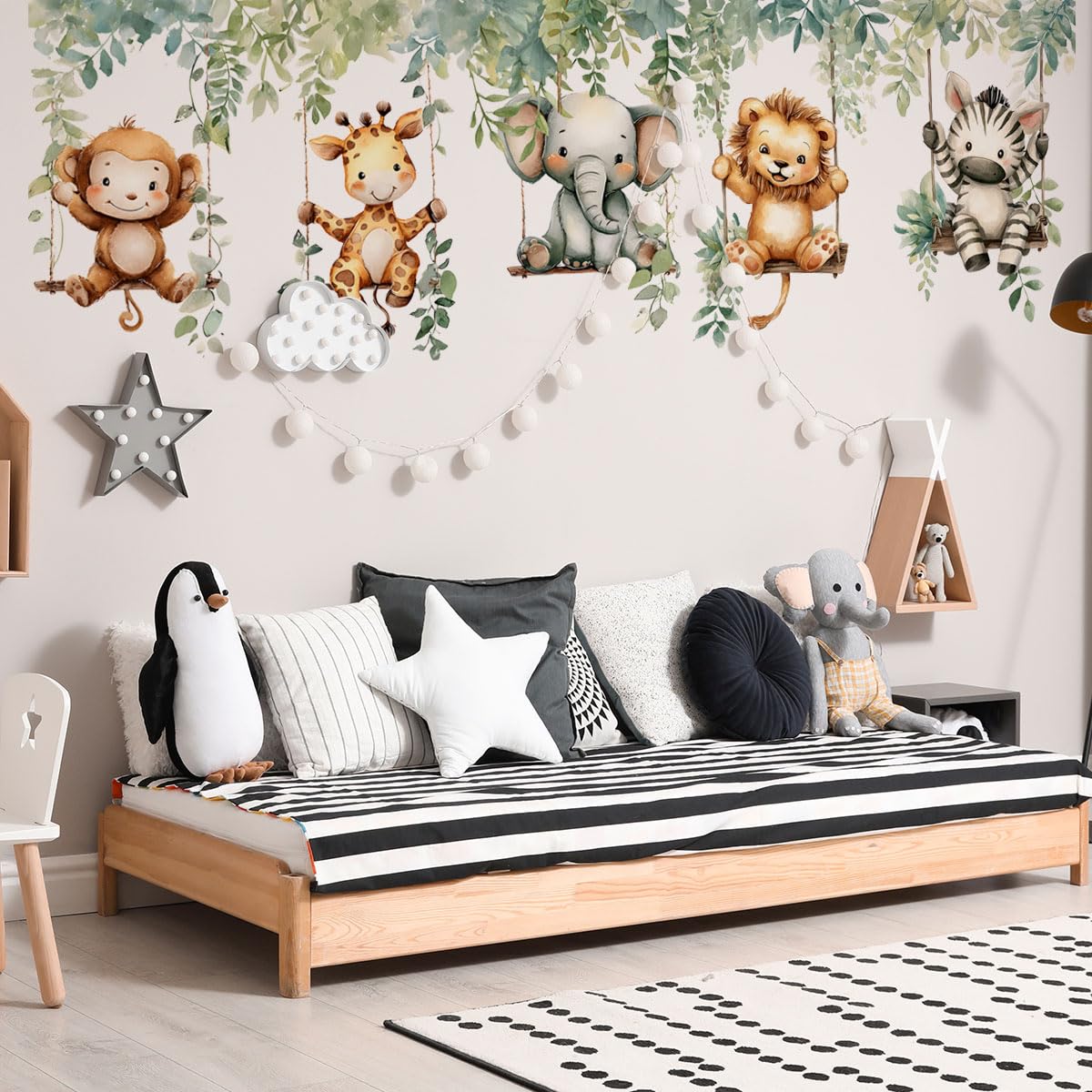 Calcomanías de pared de animales de la selva, elefantes de overol, leones, cebras, jirafas, hojas de vid, pegatinas de pared para niños, habitación de bebé, cuarto de bebé, sala de juegos, decoración