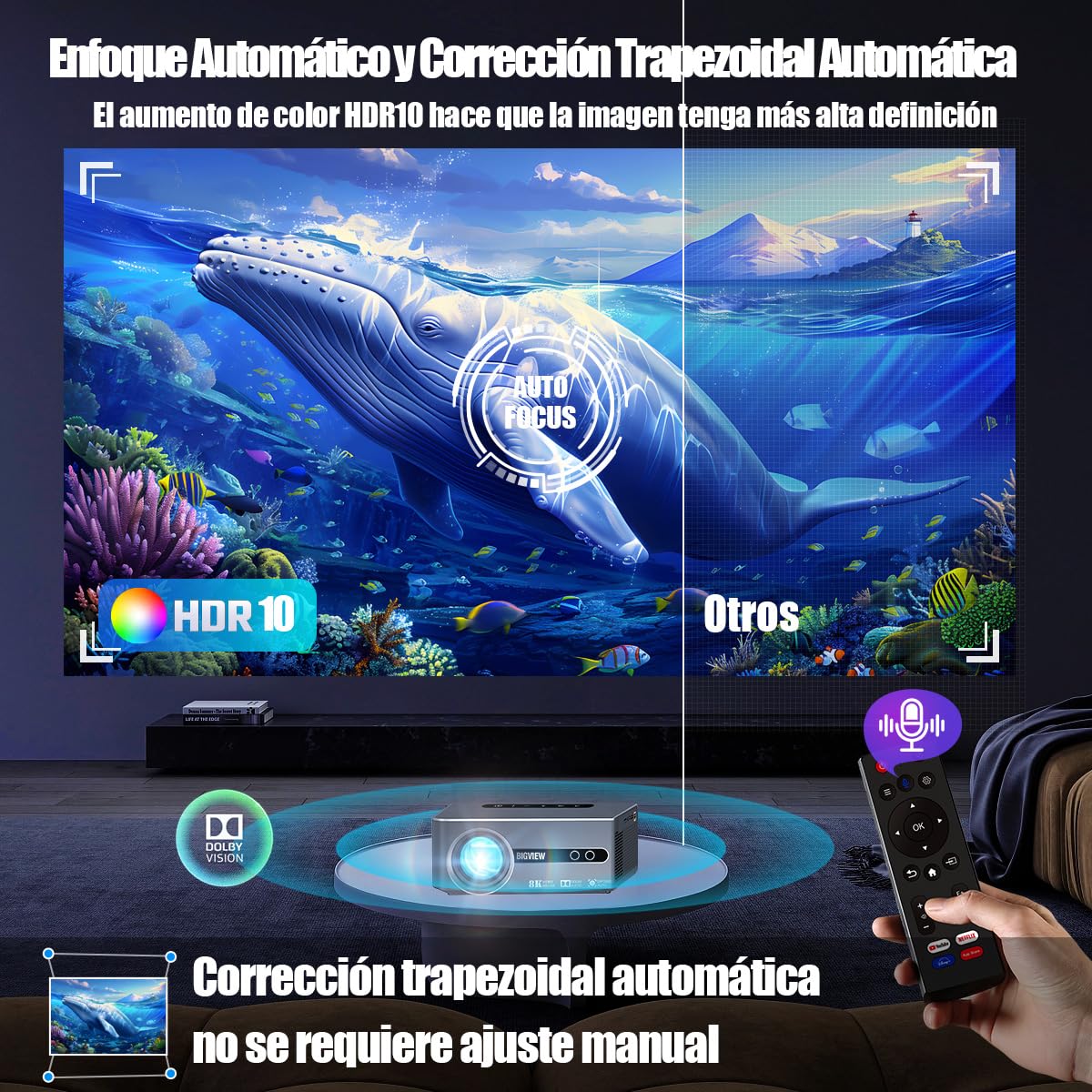 BIGVIEW Proyector 4K Con Enfoque Automático, Bluetooth WiFi 5G, Soporte 8K, 12000 Lúmenes, Portátil Inteligente Con Android 9 Para iOS/Android/PS5/TV Stick
