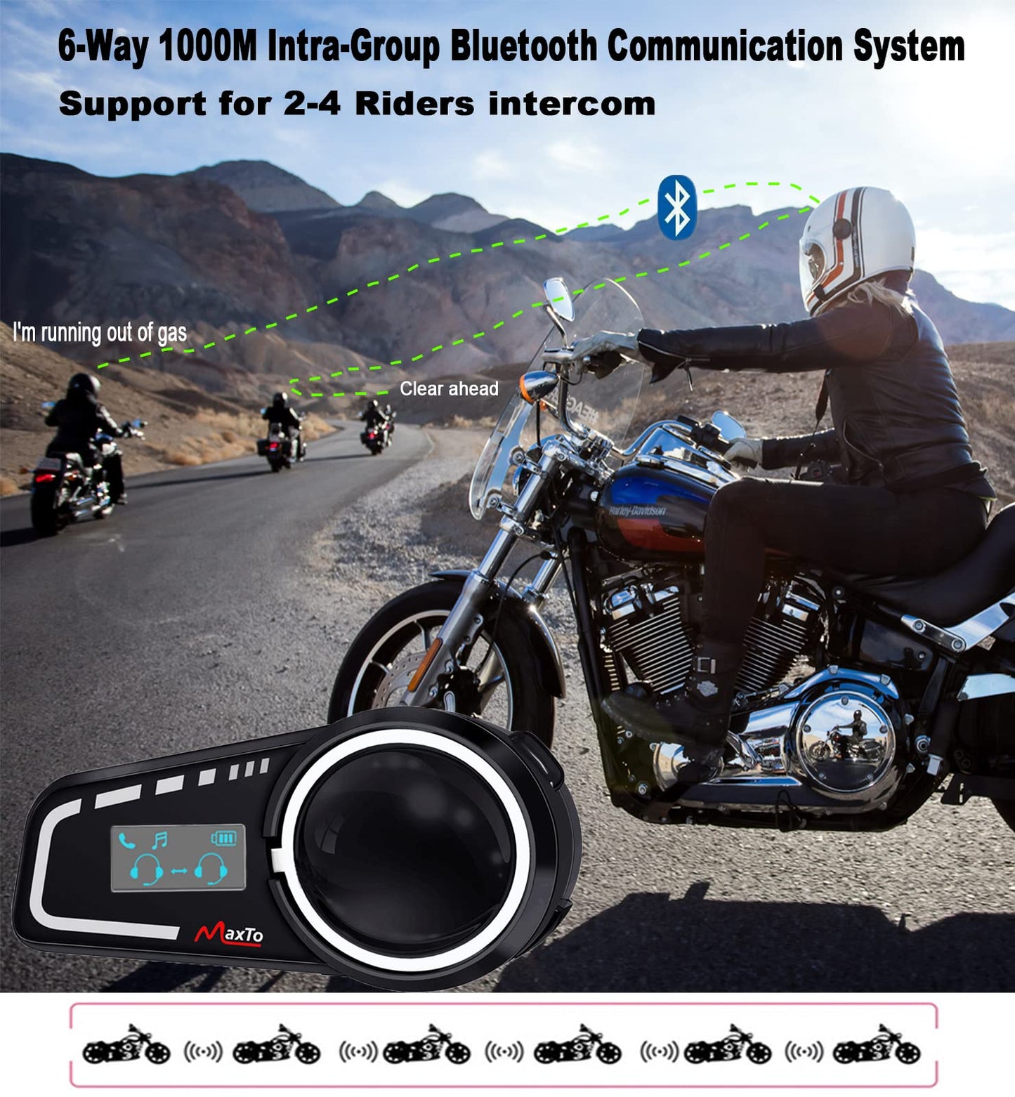MAXTO Auriculares Bluetooth para Motocicleta M2C 1000M 6 pasajeros, Sistema de comunicación con visualización LCD