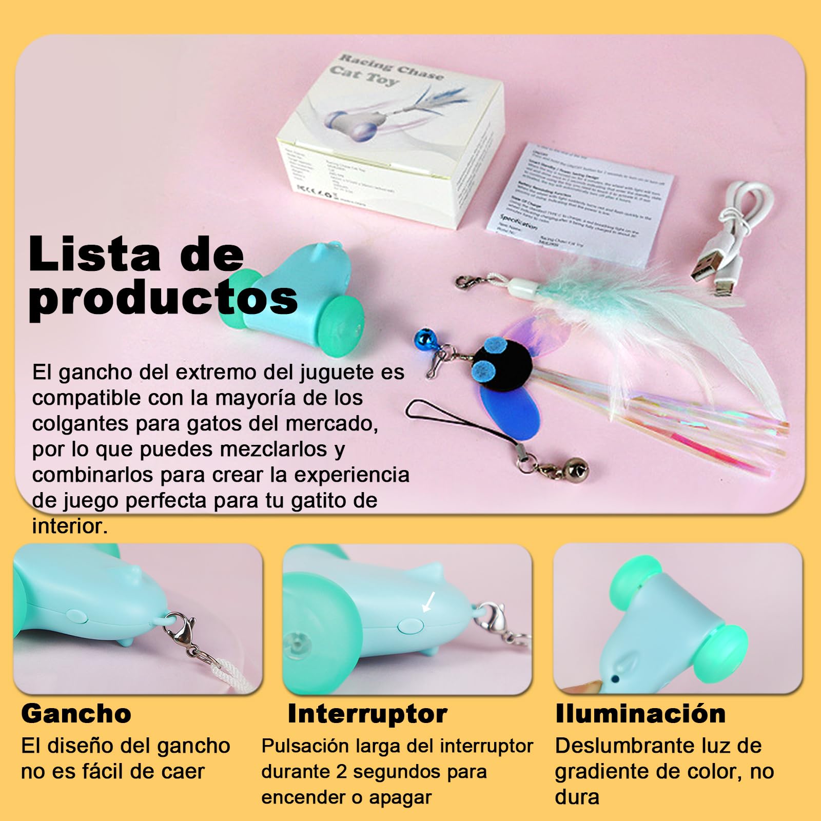 Juguetes Interactivos Ratón para Gatos en Interiores,Juguete Automático de Ratones para Gatos con Luces LED Intermitentes,USB Recargable Inteligente Ratones Juguetes con campanas, plumas y cintas