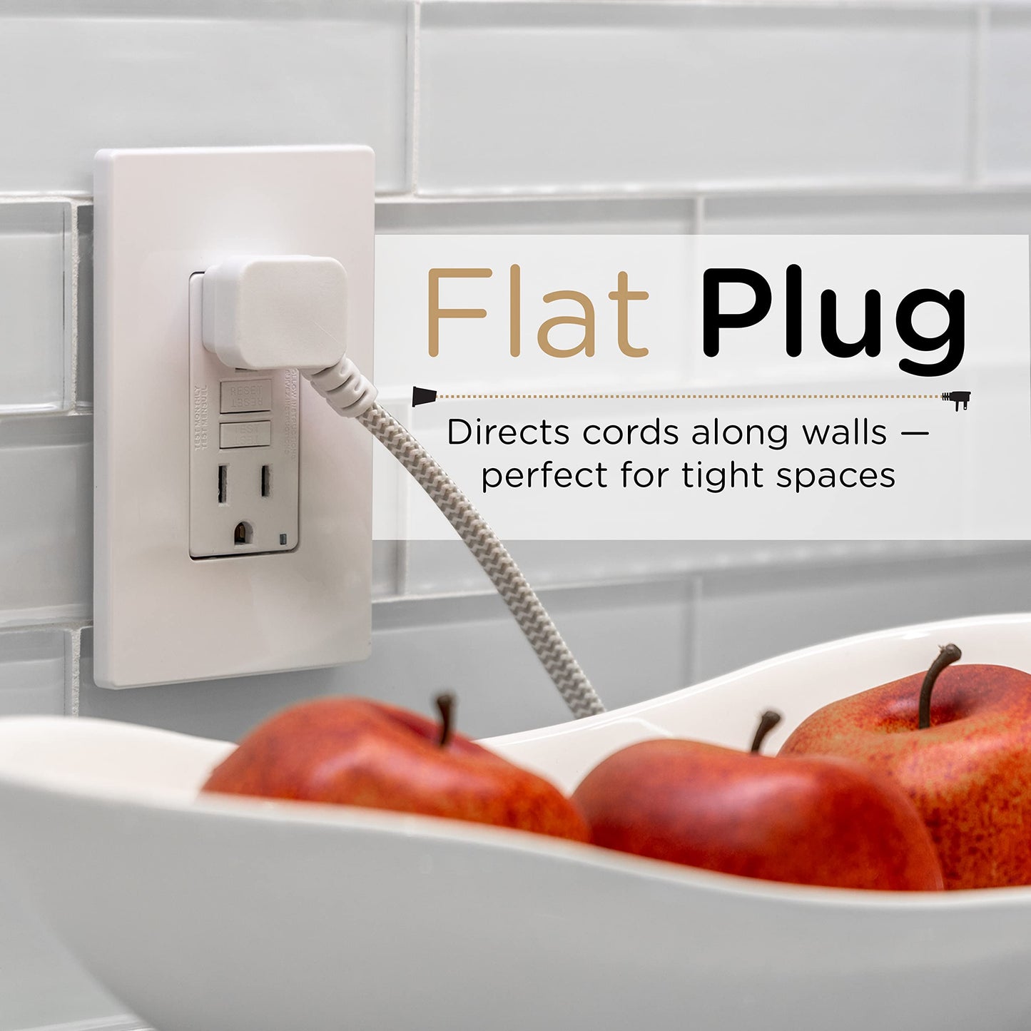 Cordinate Designer, Extension Electrica de 3 salidas polarizadas, Cable Trenzado de 2.4 m (8 pies), Sistema de Seguridad para Trabar, Enchufe Plano, Certificacion ETL Blanco/Bronce 1 paquete ‎41891-T1