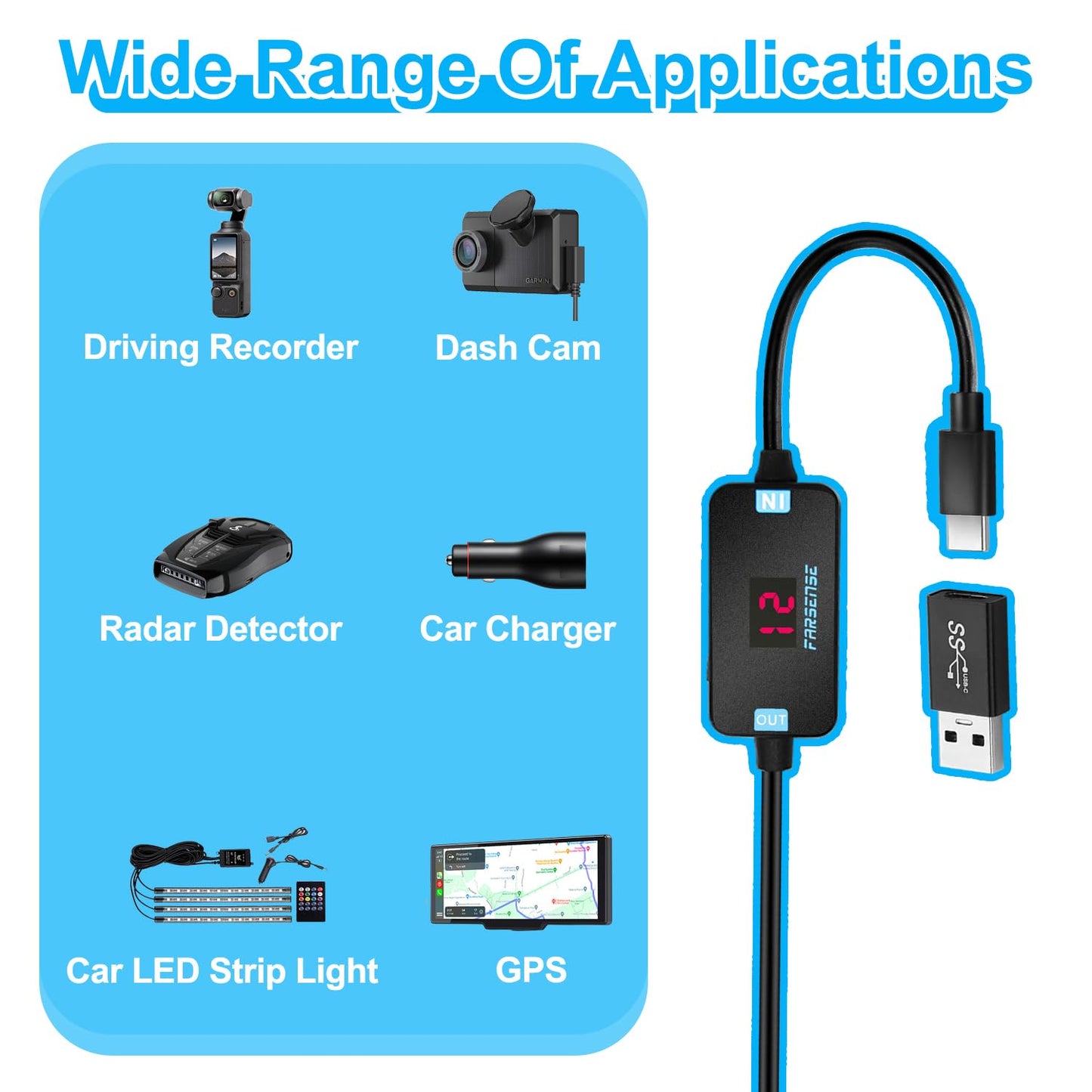 FARSENSE - Adaptador de encendedor de cigarrillos USB A a 12 V (36 W)-USB C macho a encendedor de cigarrillos hembra (2 pies) con voltaje de conmutación y voltaje de visualización, para cámara de