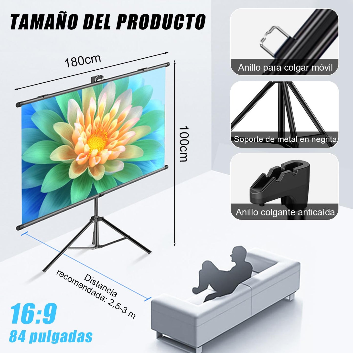 Pantalla para Proyector, Pantalla de Proyector Retractil, 84 Pulgadas 16:9, con Soporte Altura Ajustable, Antiarrugas y Plegable, Ideal Para Cine en Casa, PelíCulas de Interior/Exterior (84 Pulgadas)