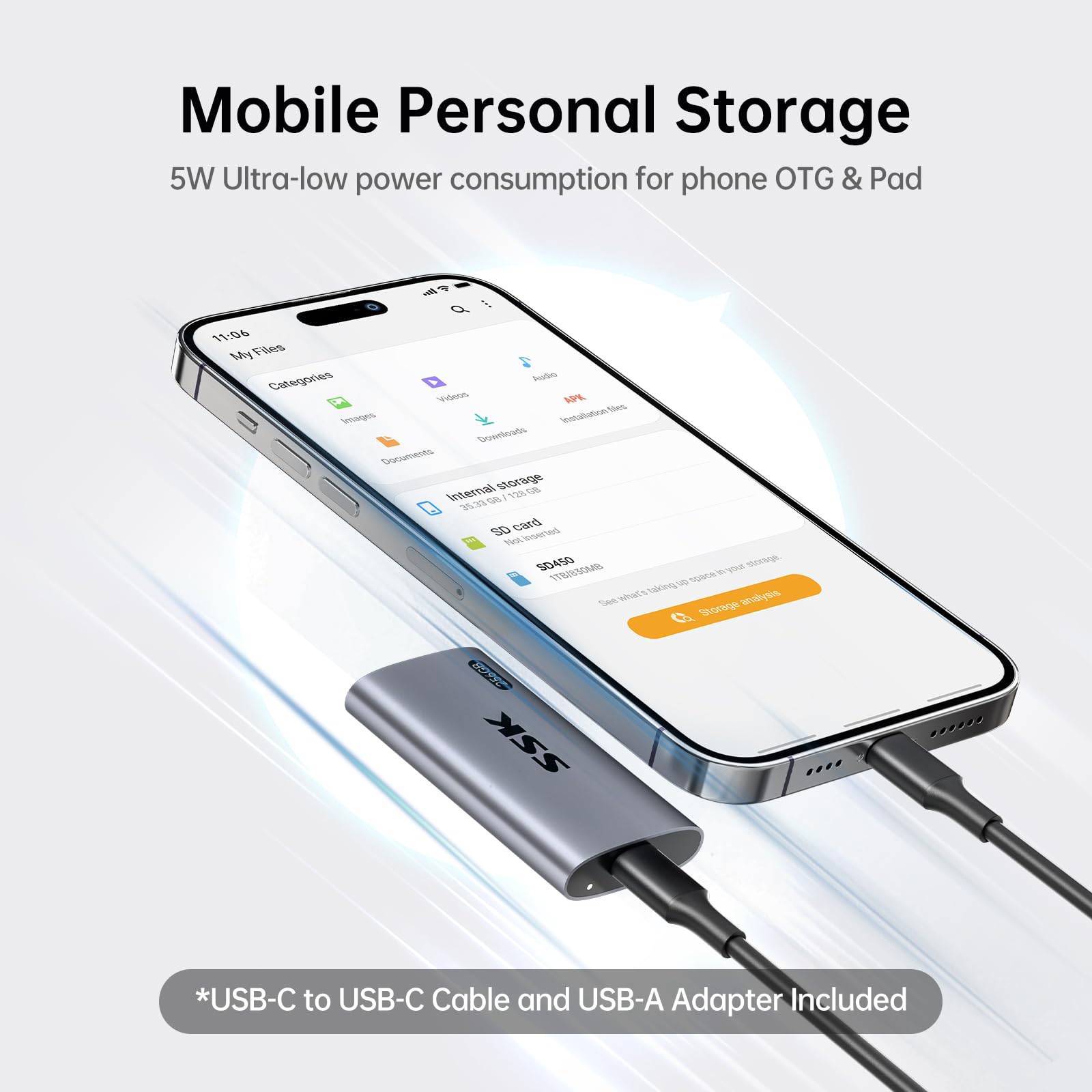 Disco Duro Externo SSK Negro SSD de 256 GB con Luz LED para iPhone 15/Pro, Windows, Mac y Android