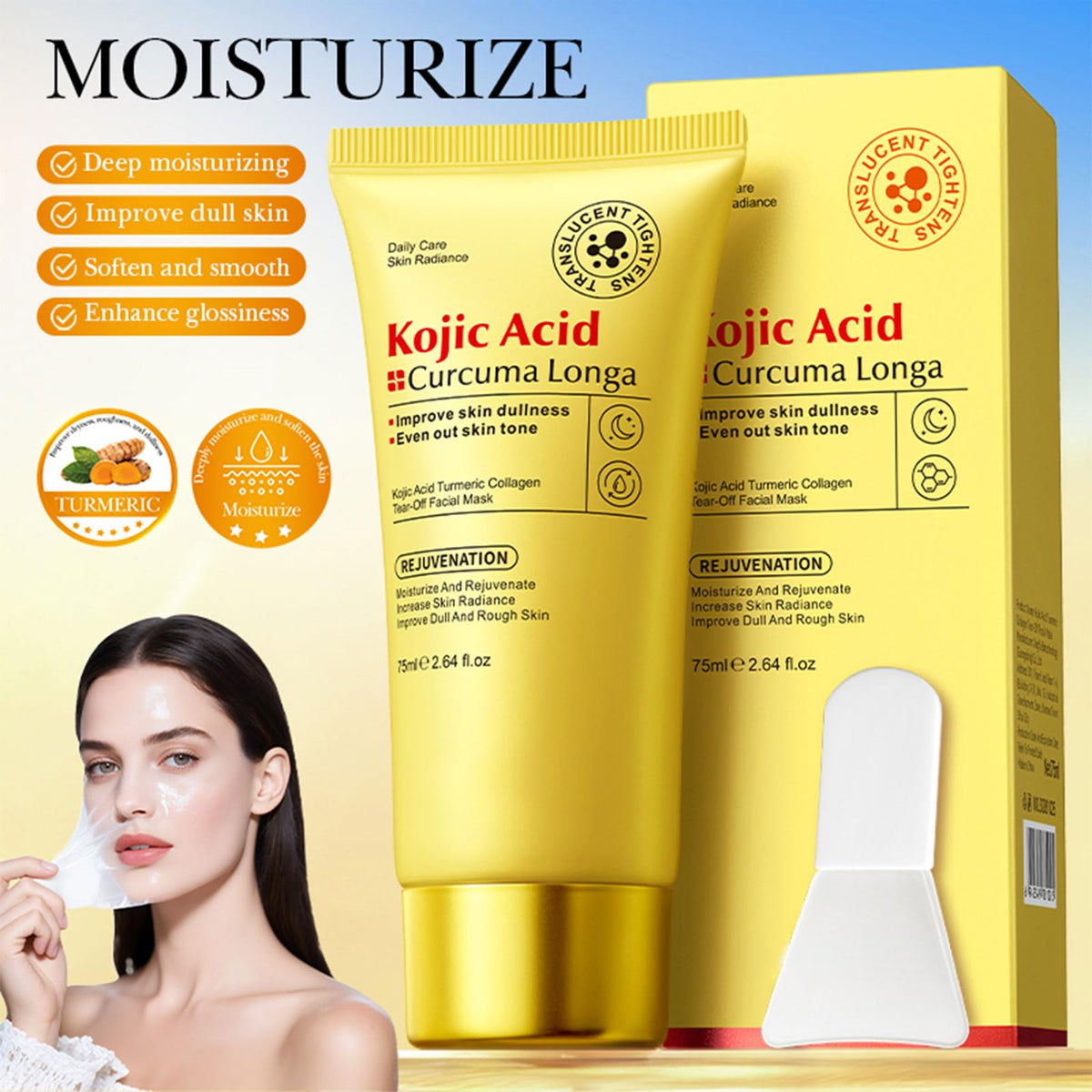 Mascarilla Facial Hidratante de Ácido Kójico, Cúrcuma y Colágeno – Gel Despegable para un Cutis Radiante, Lámina Transparente Hidratante con Brocha para Cuidado Diario de la Piel