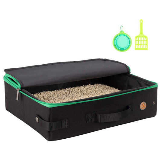 Caja de arena para gatos con 1 plegable y 1 cuchara. Portátil, ligero, a prueba de fugas, fácil de sotrage (para gatos medianos y gatitos, negro)