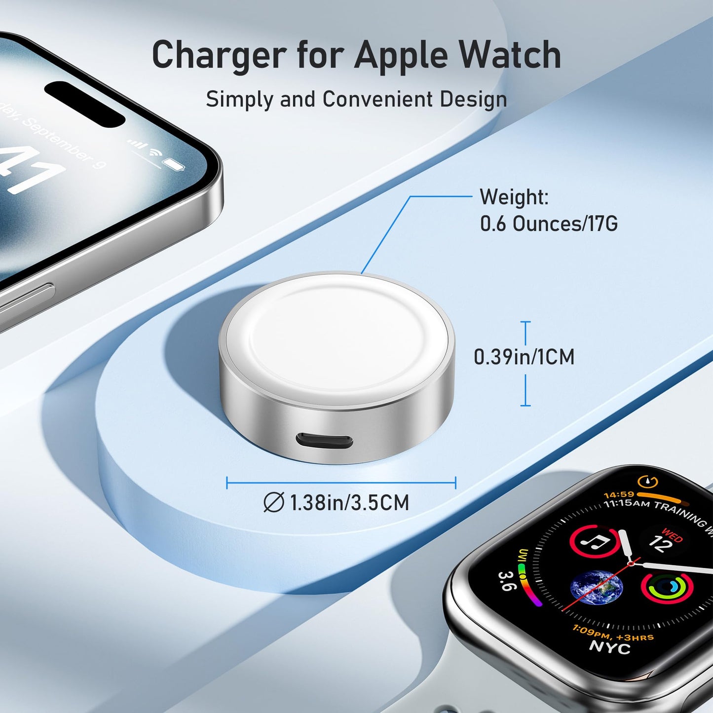 Elebase Adaptador De Carga Magnético para Apple Watch USBC & iOS, Cargador Inalámbrico Portátil para iWatch con USB C Y Puerto De Carga Compatible con iWatch Serie 11 9 8 7 6 Ultra SE 3 2,42/46/44mm