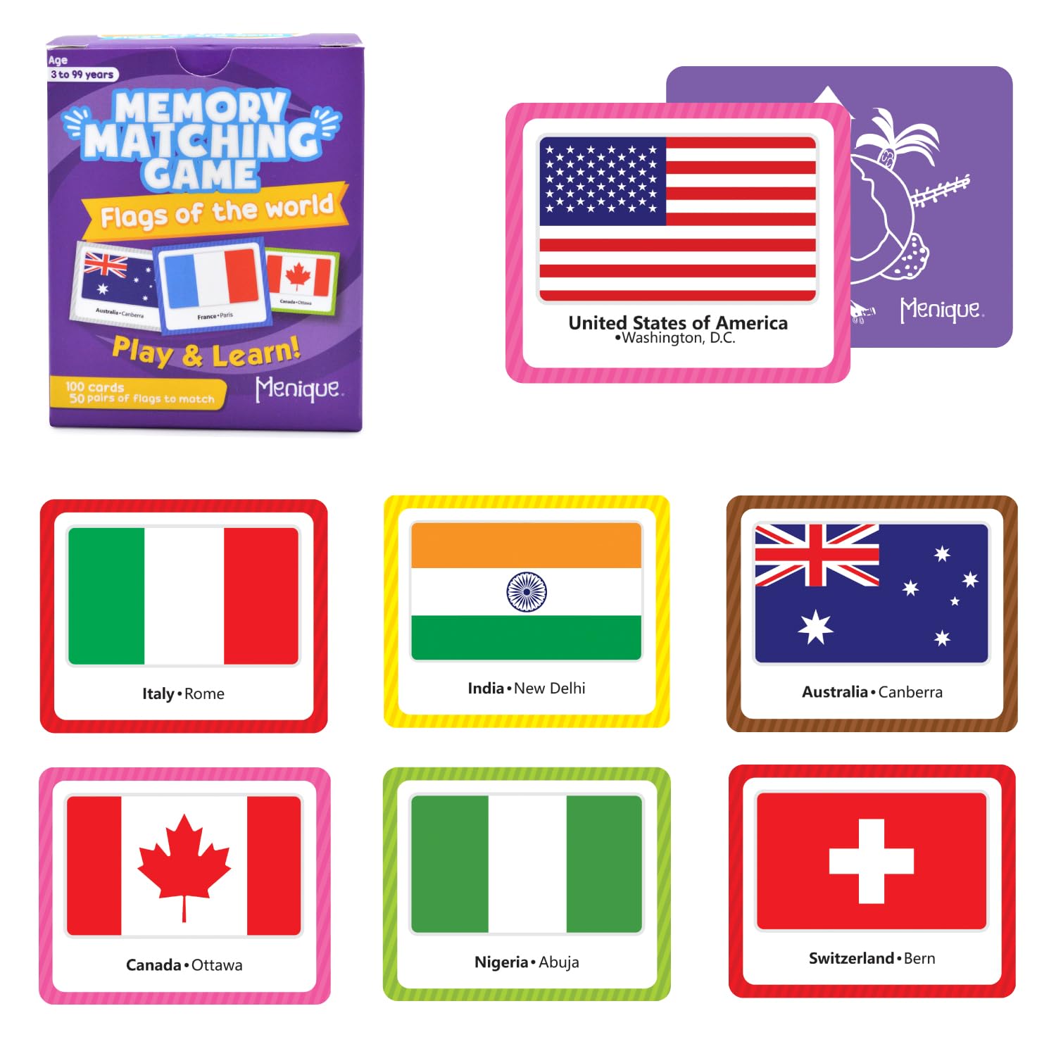 Juego de Memoria Menique Banderas del Mundo en Inglés Educativo para Niños y Adultos