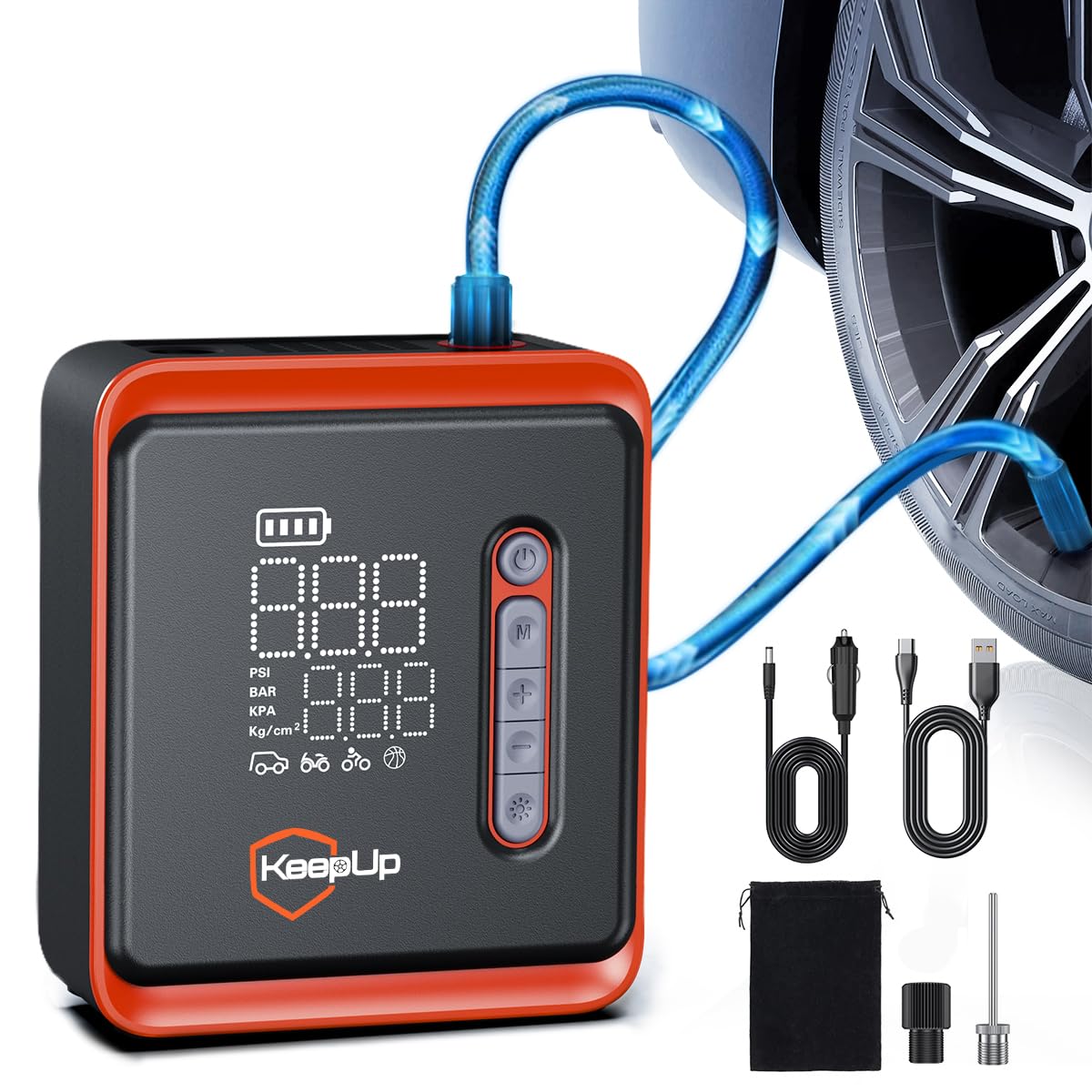 KEEPUP - Compresor de aire portátil para inflado rápido, 150 PSI, bomba de aire inalámbrica con batería recargable para neumáticos de coche, bicicleta, motocicleta, bola