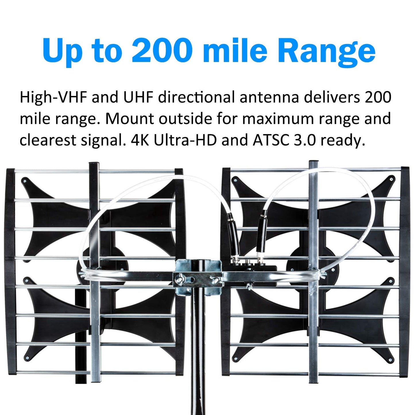 Five Star Antena multidireccional de 4 V HDTV amplificada – hasta 200 millas de alcance, UHF/VHF, interior, ático, exterior, 4K Ready 1080P FM con cable coaxial RG6 de 40 pies, poste de montaje