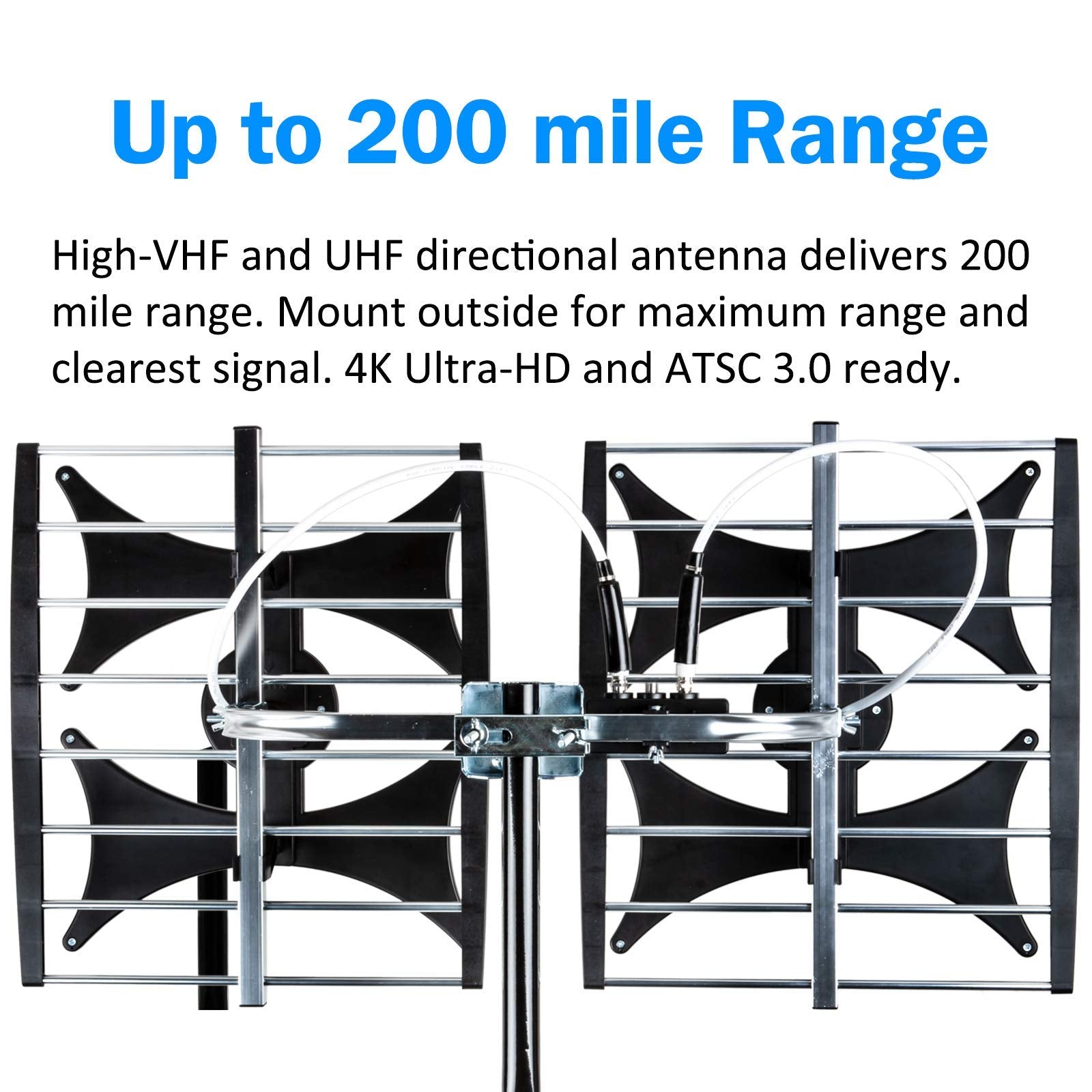 Five Star Antena multidireccional de 4 V HDTV amplificada – hasta 200 millas de alcance, UHF/VHF, interior, ático, exterior, 4K Ready 1080P FM con cable coaxial RG6 de 40 pies, poste de montaje