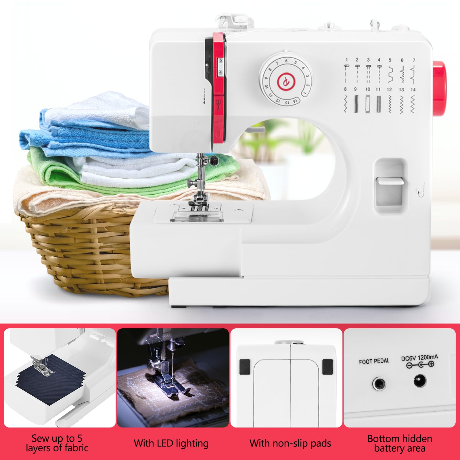 Máquina de Coser, Mini Maquina de Coser Portátil con 14 Tipos de Puntadas, Máquina de Coser Eléctrica para Principiantes, Pedal Eléctrico de Doble Uso,Ideal para Ropa,Sábanas, Patchwork,Cremallera