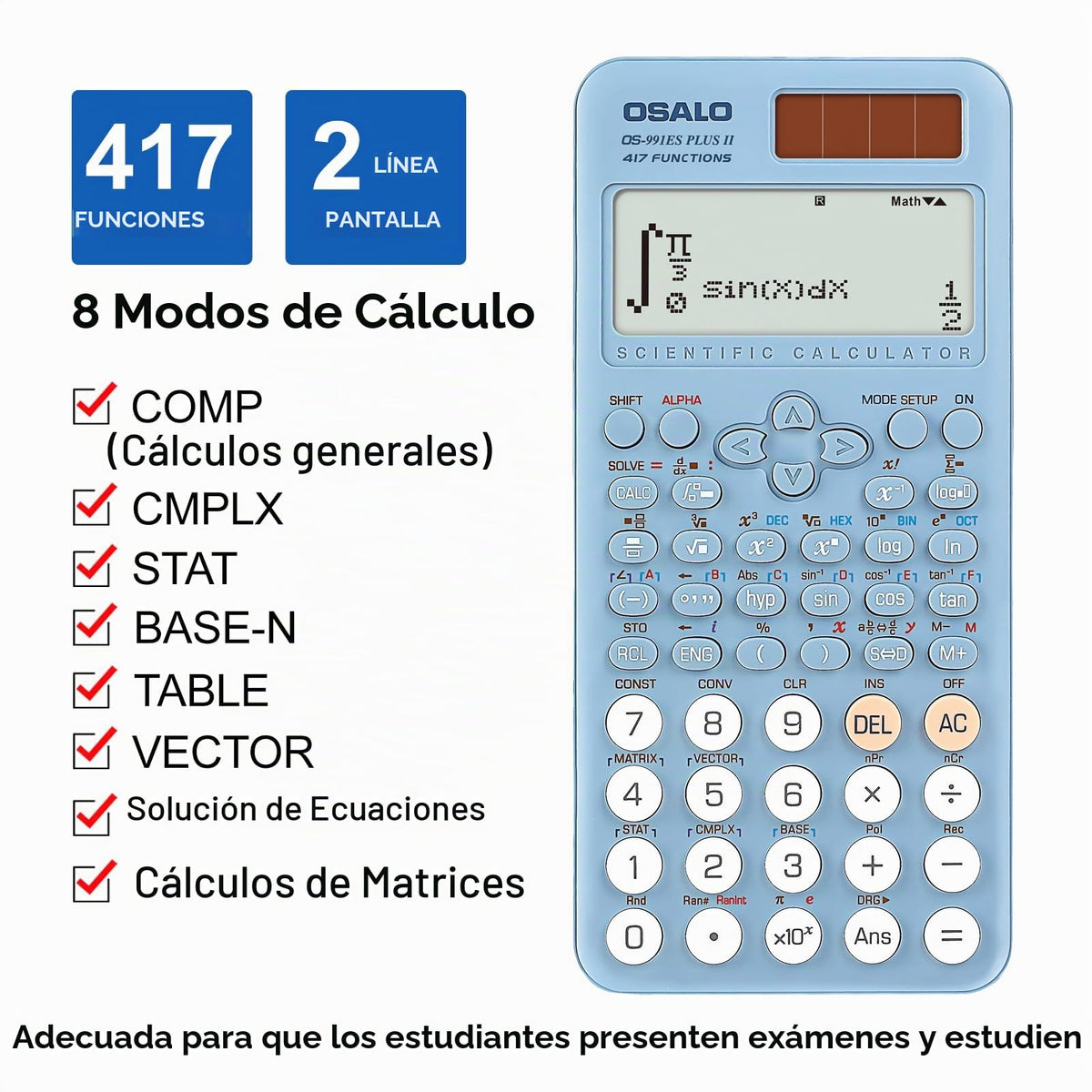Calculadora Científica pendancy Azul 417 Funciones Pantalla 2 Líneas 12 Dígitos para Estudiantes y Universitarios
