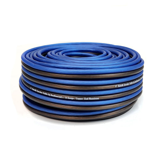 KnuKonceptz Bassik Cable de altavoz de calibre 14 AWG con PVC suave al tacto ultra flexible para altavoces de cine en casa y audio para automóvil - Azul/Negro 100 pies