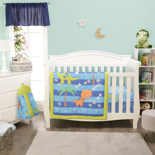 EVERYDAY KIDS Juego de cama para cuna de 4 piezas, dinosaurio, incluye edredón, sábana bajera, volantes y apilador de pañales, juego de ropa de cama para cuna de bebé