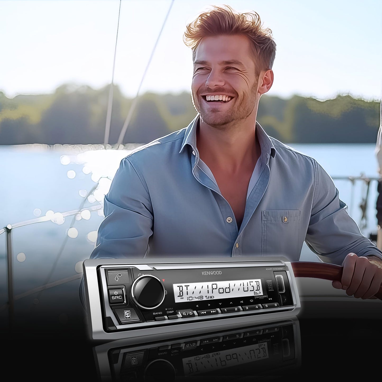 Kenwood KMR-M332BT Estéreo para Auto y Marina, de Un Solo Din, Audio Bluetooth, USB-MP3, Entrada AUX, Radio AM-FM SiriusXM, Resistente a la Intemperie, Iluminación Multicolor