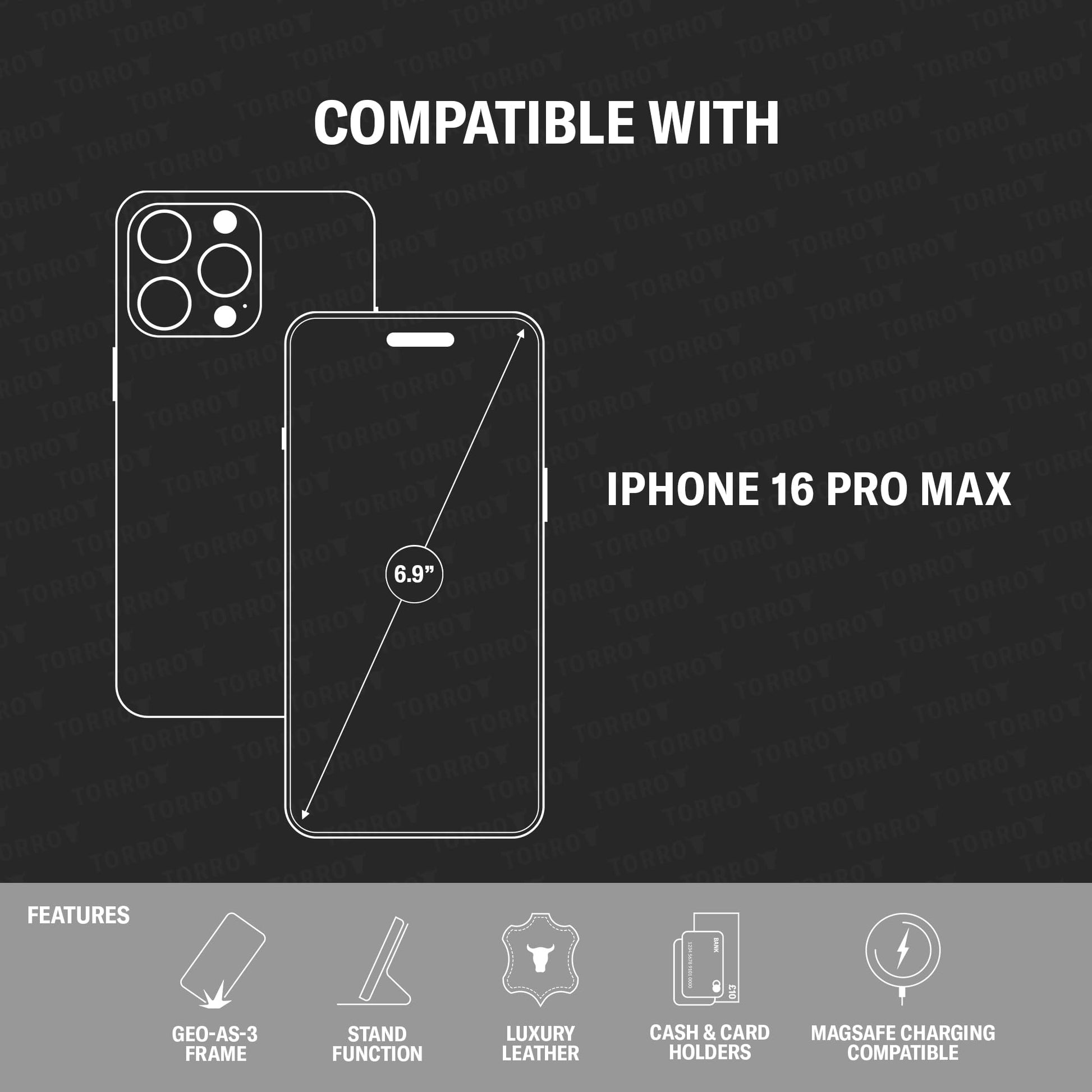 TORRO Funda Compatible con iPhone 16 Pro MAX - Funda Tipo Cartera de Cuero Premium con Soporte y Ranuras para Tarjetas - Negro