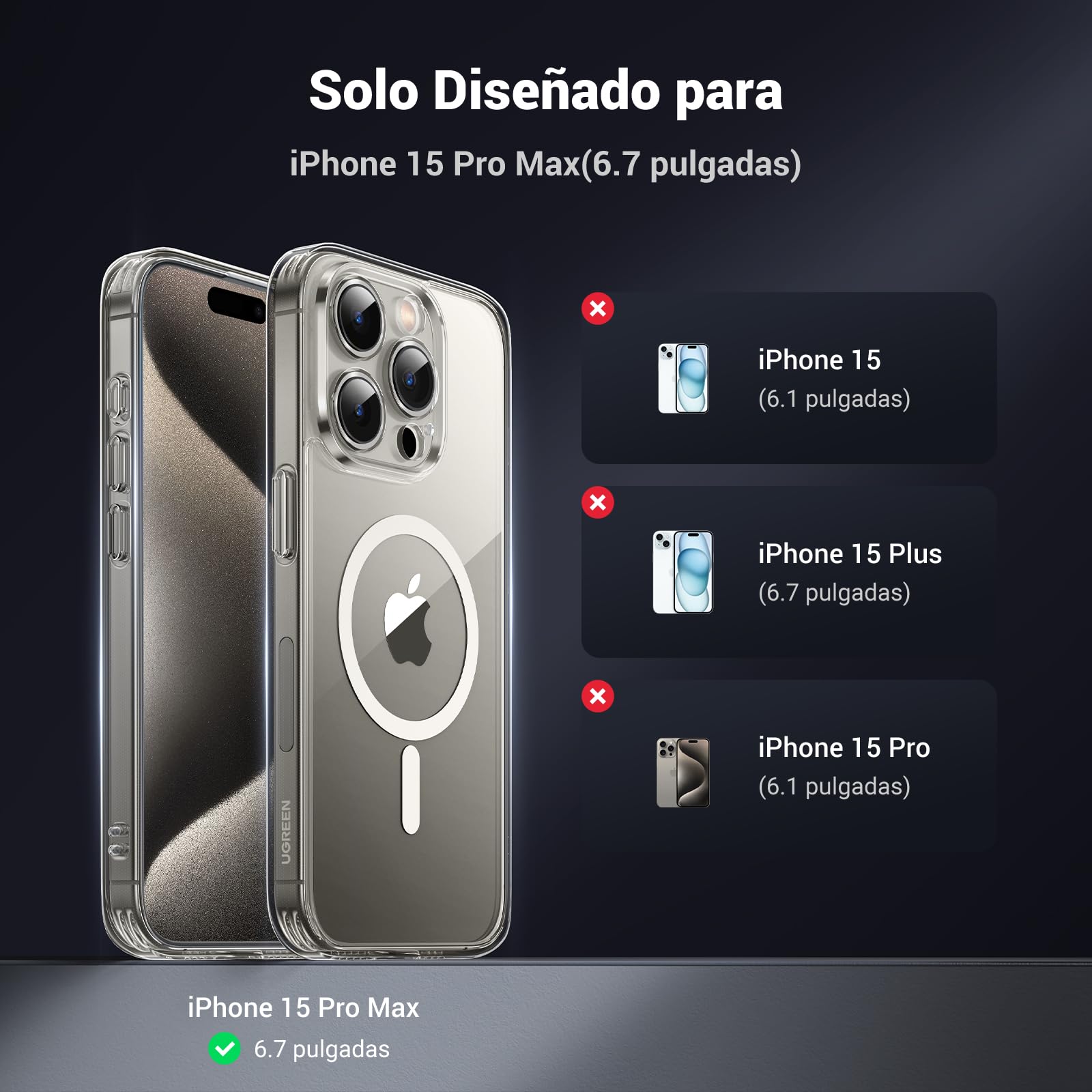 Funda para iPhone 15 Pro MAX UGREEN Transparente con MagSafe y Protección de Lente