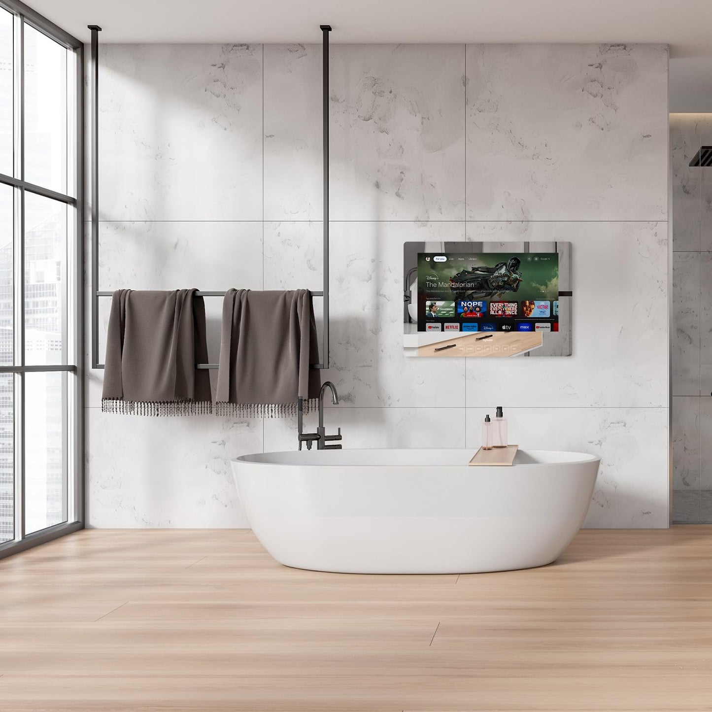 Televisor de Baño Sylvox 24 Pulgadas 1080P Smart Mirror con Sistema Google NTSC y ATSC, WiFi Bluetooth, Alto Brillo 500 Nits, IP66 Impermeable