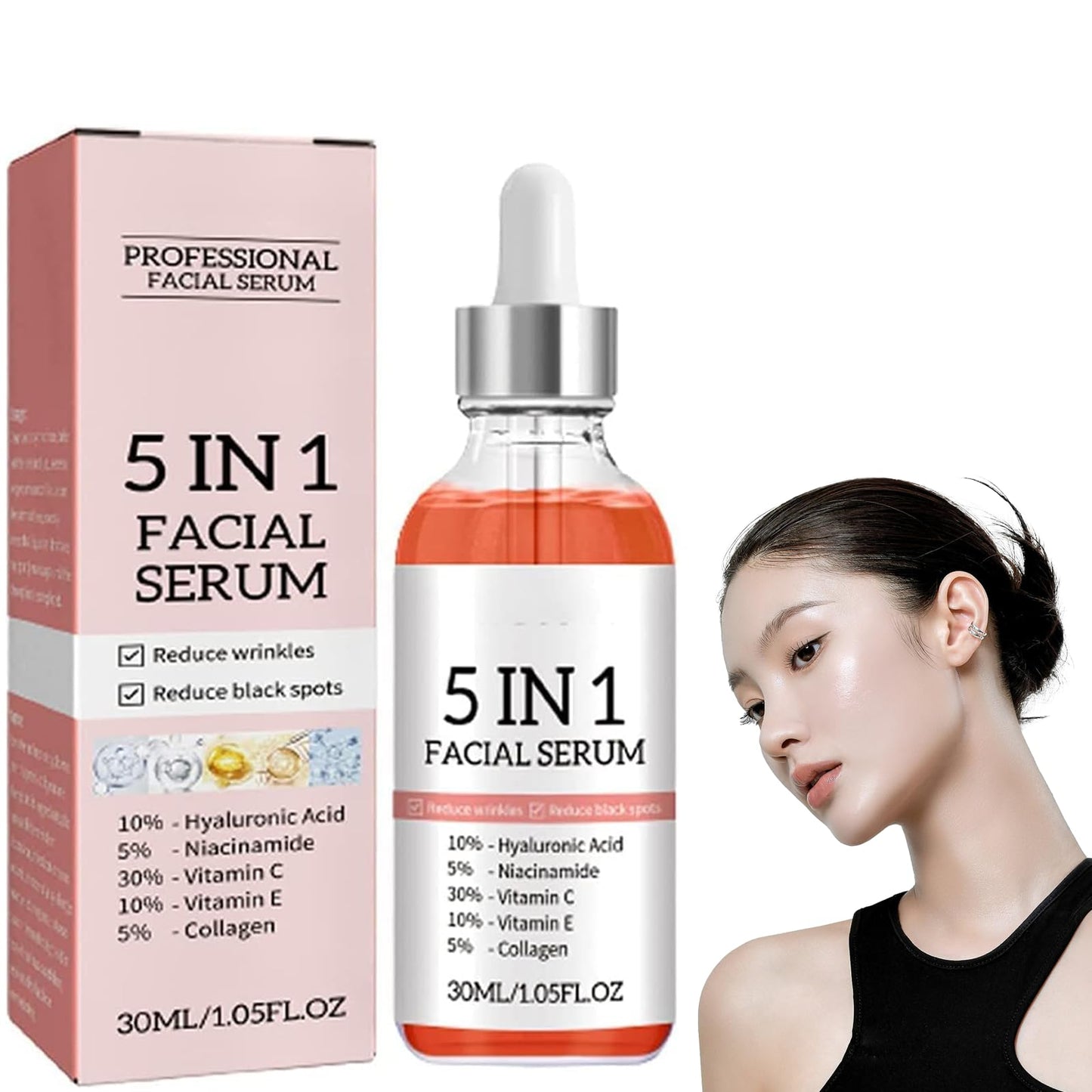 Potente Sérum Facial Antiedad 5 en 1,Suero Facial de Vitamina C con Niacinamida,Serum Facial Antiedad con Colágeno,Serum Facial de Vitamina C con Ácido Hialurónico(1Pcs)
