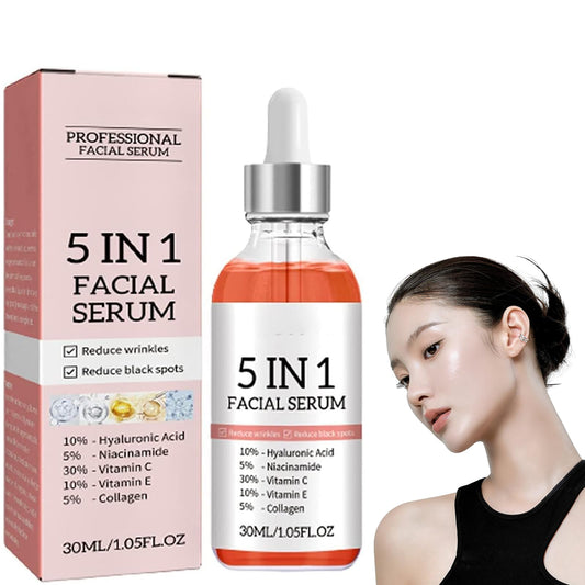 Potente Sérum Facial Antiedad 5 en 1,Suero Facial de Vitamina C con Niacinamida,Serum Facial Antiedad con Colágeno,Serum Facial de Vitamina C con Ácido Hialurónico(1Pcs)