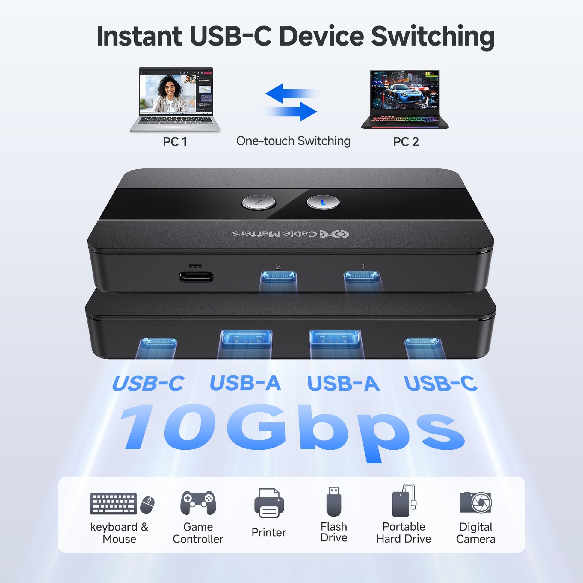 Cable Matters - Interruptor USB A/USB C de 4 puertos de 10 Gbps para 2 computadoras con control remoto