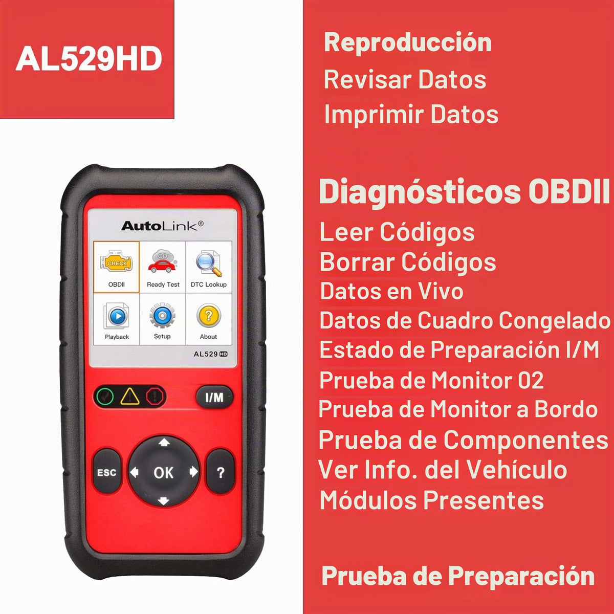 Escáner OBD2 Autel Autolink AL529HD Servicio Pesado Recuperación de Código Vin y Prueba de Monitor Obdii