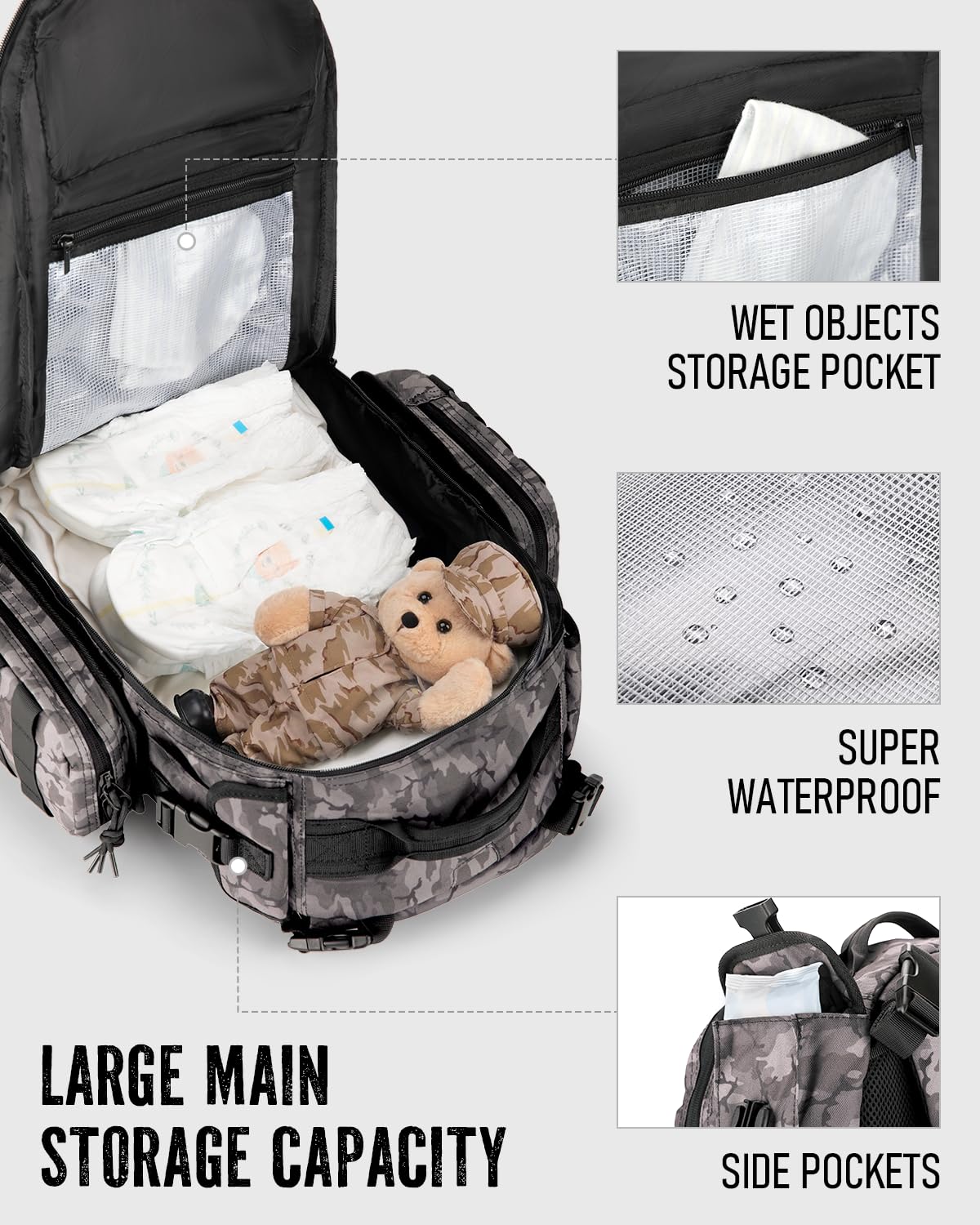 Dinictis - Bolsa de pañales para papá, mochila con cambiador de pañales, mochila militar con correas Molle, bolsa impermeable, bolsillo para toallitas para bebé, bolsillos aislados para botellas