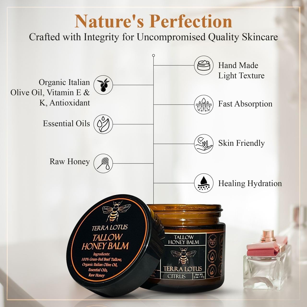 Crema Humectante Terra Lotus Bálsamo de Sebo de Res Miel Cruda para Piel Suave y Tersa