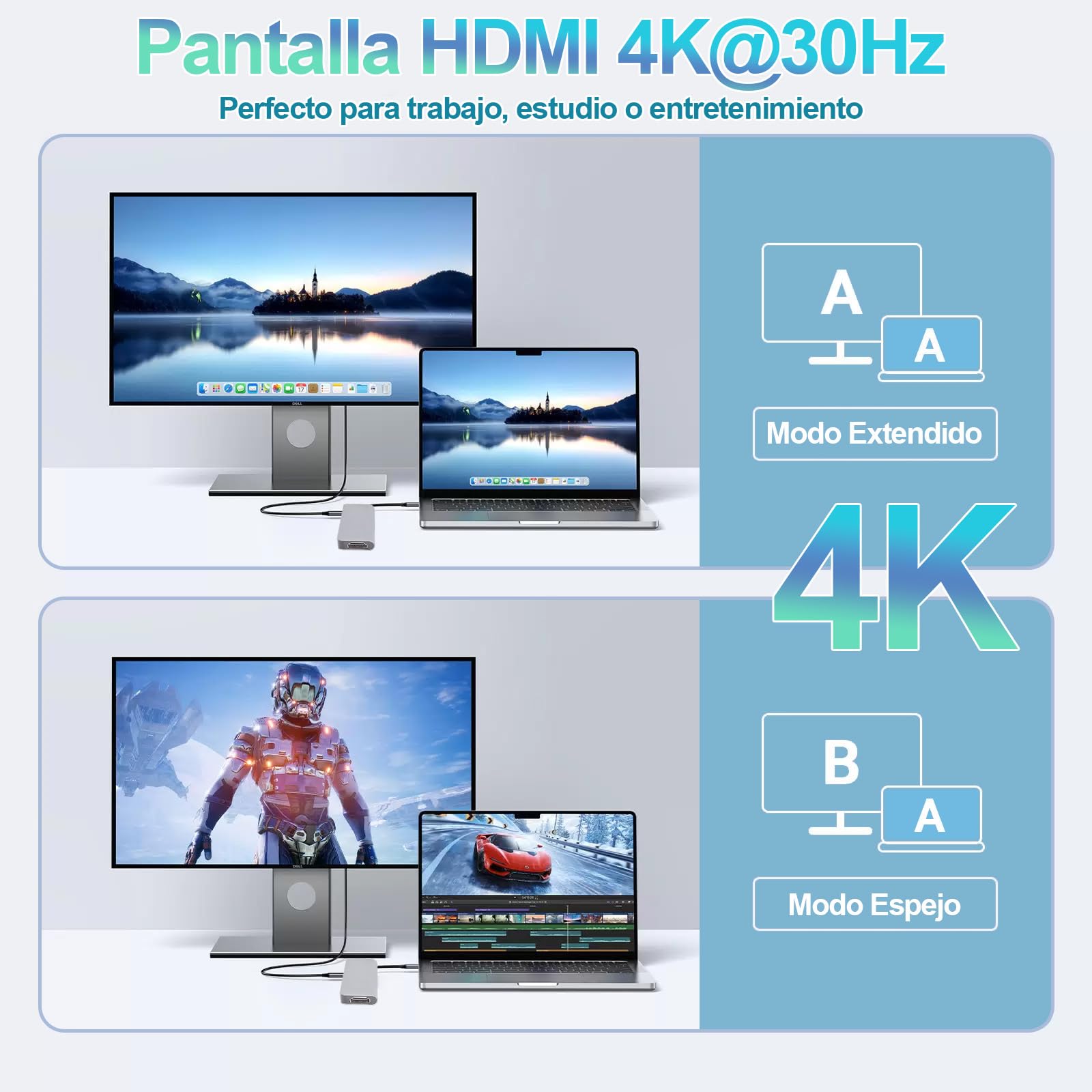 HeiLuon Adaptador Hub USB C 7 en 1 con HDMI 4K, 3 Puertos USB 3.0, Lector de Tarjetas SD, Carga PD 100W, Hub USB C para Laptop, PC Adaptador USB C a hdmi, HDMI a USB C, Tipo C a Hdmi