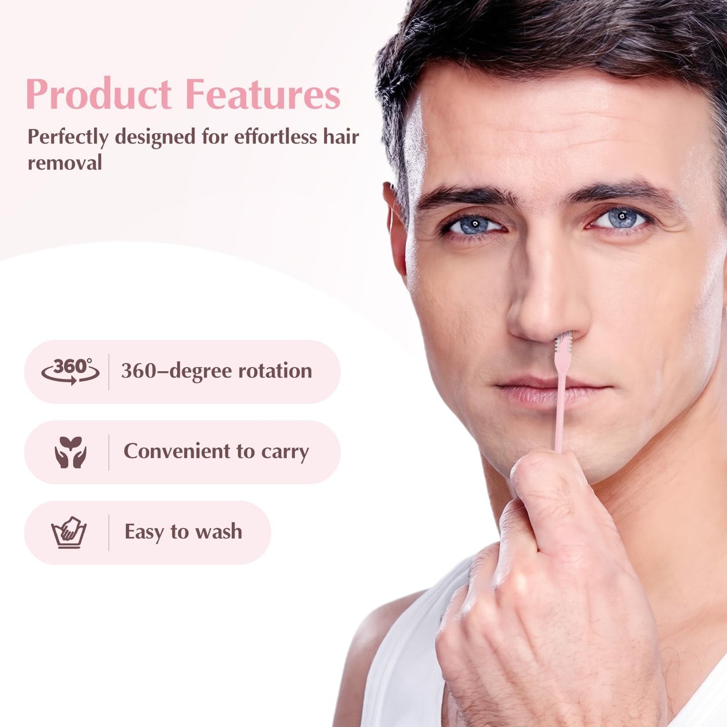FLATRI - Cortador de pelo nasal 2 en 1, con rotación de 360°, doble cara, manual de recortadora de nariz portátil para mujeres y hombres (rosa)
