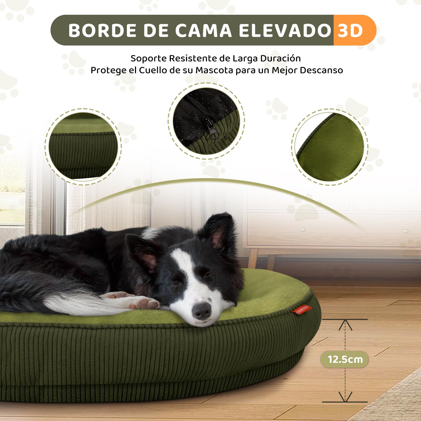 Cama Ortopedica para Perros, Cama para Perro Mediano y Pequeño, Cama para Perro Lavable con Cierre, Cama Antiestrés y Impermeable para Perros, Camita Con Almohada para Mascotas (Verde) (92*75*12.5cm)