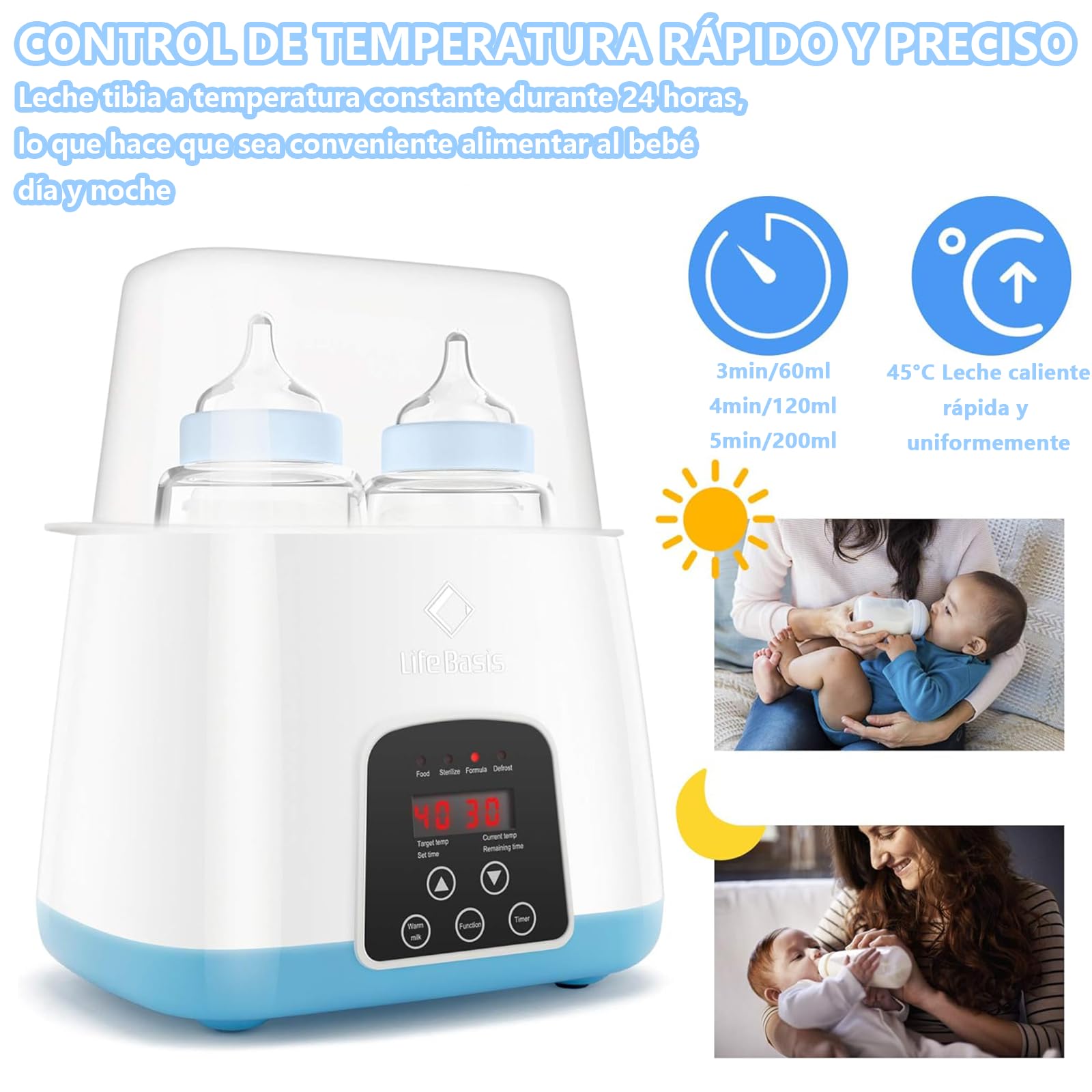 Calienta Biberones, Esterilizador con Calentador Multifuncional Portátil 6 en 1, Vaporizador de Comida para Bebé, Control de Temperatura Las 24 Horas, sin BPA para calor de Tarros de Comida para Bebé