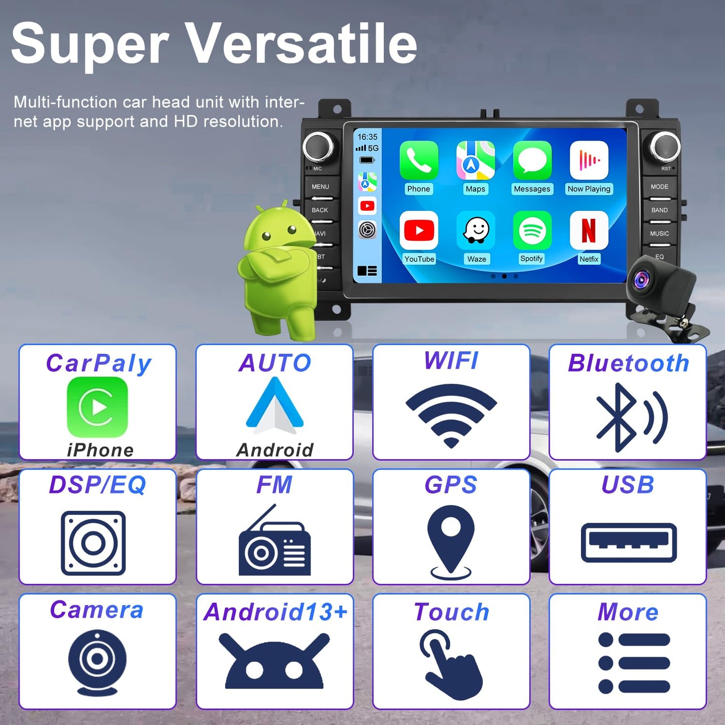 Radio de Coche para Jeep Grand Cherokee 2011-2013 y Dodge Durango 2011-2013, Pantalla Táctil Android 13 de 7'', Sistema Estéreo con CarPlay Inalámbrico Android Auto Bluetooth GPS WiFi FM SWC y Cámara