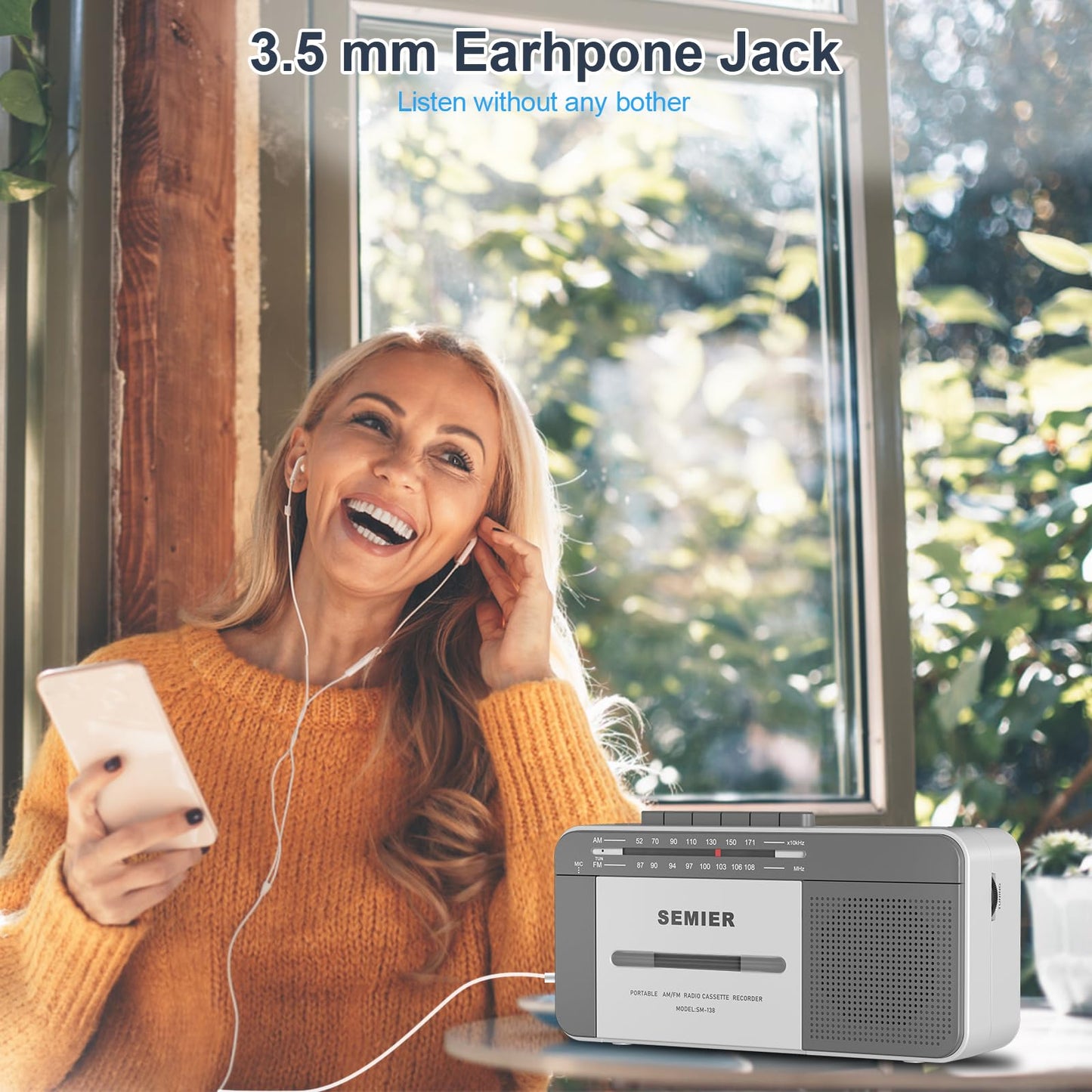 Reproductor de Casete Retro SEMIER Estéreo AM/FM Portátil con Altavoz 6W y Conector de Auriculares