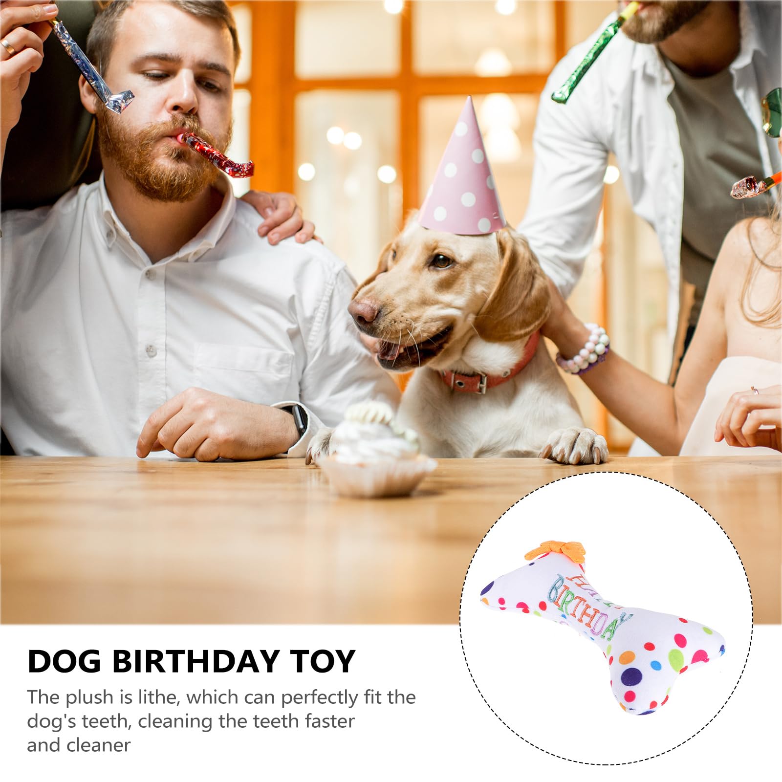 Housoutil - Juguetes de peluche para perros grandes, juguete de peluche con hueso de perro, juguete de feliz cumpleaños, juguete de perro con diseño de hueso masticable, juguetes de perro con temática