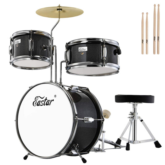 Eastar EDS-180B - Juego de 3 tambores infantiles con trono, platillo, pedal y baquetas, color negro metalizado