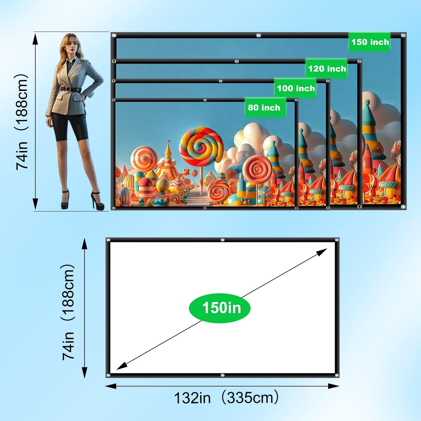 visualización de proyección portátil para exteriores de 150 pulgadas: 16:9 plegable con soporte antiarrugas de doble cara para cine en casa