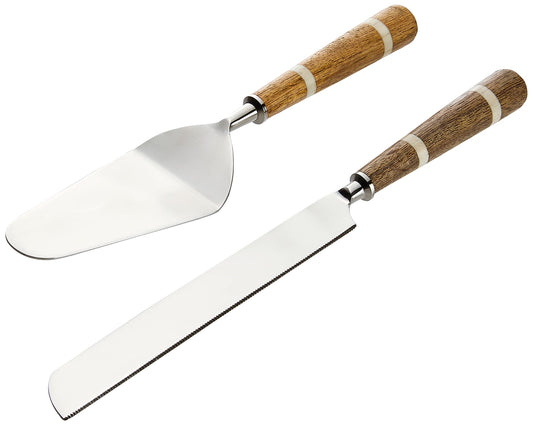 Creative Co-Op - Cuchillo y Servidor de Acero Inoxidable para Tartas con Mango y Bolsa de Madera y Cuernos (2 Piezas)