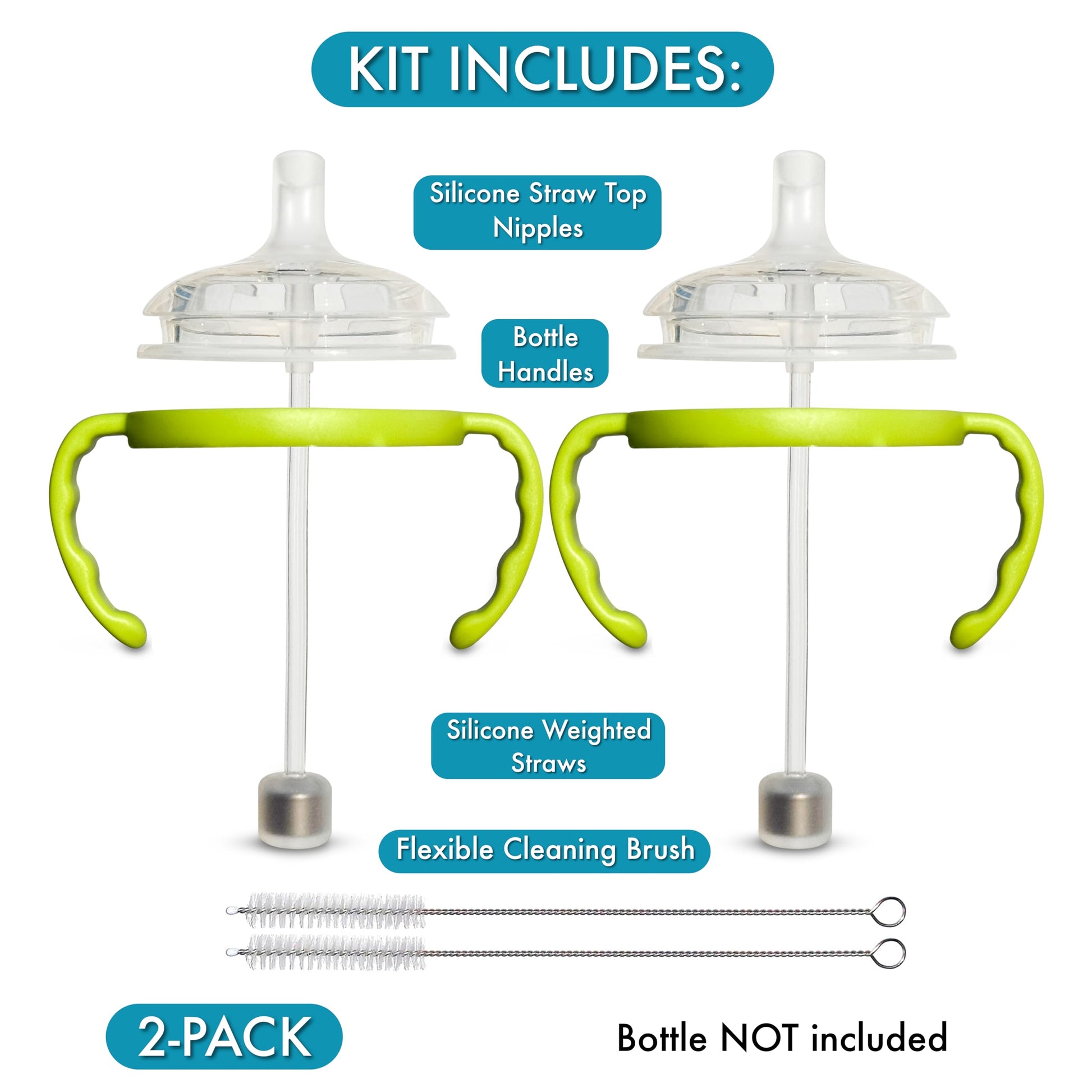 Kit de conversión de tazas de paja para biberones Comotomo de 2 unidades, pezones de silicona de grado alimenticio, popotes con peso de silicona, asas de botella y cepillo para polvo de limpieza, sin