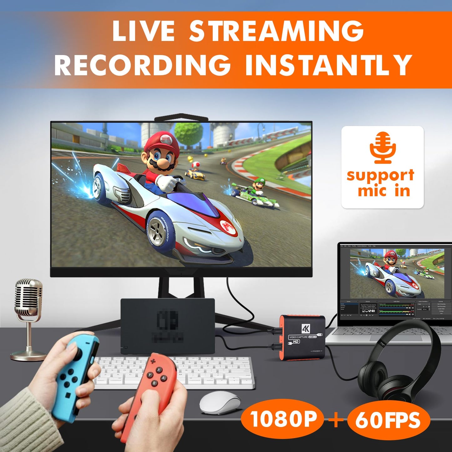 Capturadora de Video con 4K Pass-Through, USB3.0 1080P 60FPS HDMI Video Cam Link Tarjeta de captura de juegos para transmisión, funciona con Xbox PS4 PS5 PC DSLR para OBS Twitch transmisión en vivo y grabación