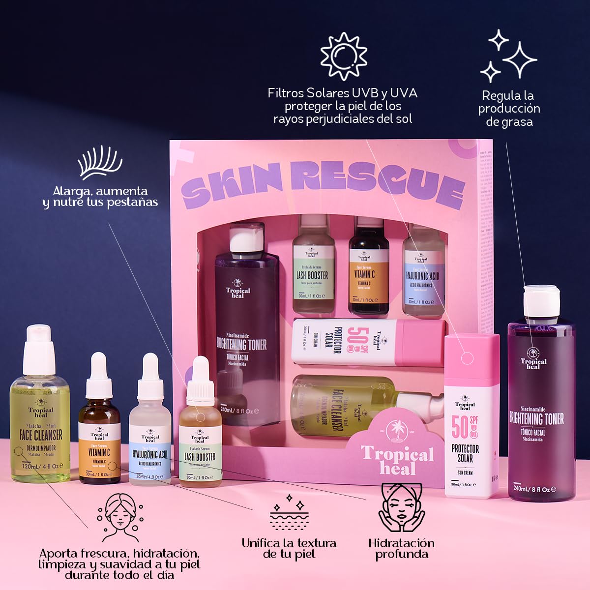 Tropical Heal - Skin Rescue Kit Facial Completo para Cuidado Reparador de Día y Noche - Limpieza, Hidratación, Fortalecimiento de Piel, Pestañas y Cejas