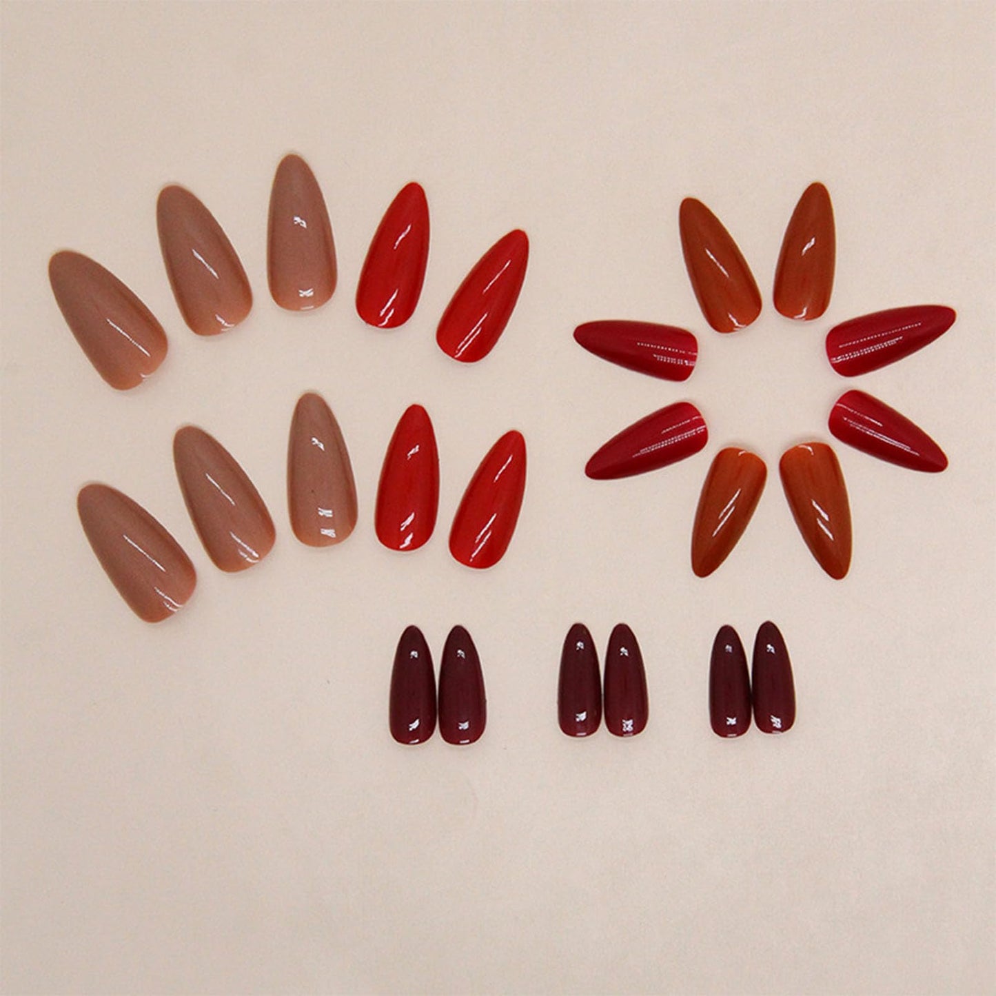 CLYHLTMZ 24 uñas postizas cortas color almendra vino tinto que cambian gradualmente, cobertura total, opacas, reutilizables, acrílicas, adhesivas, removibles, kit de 12 tamaños para mujeres y niñas.