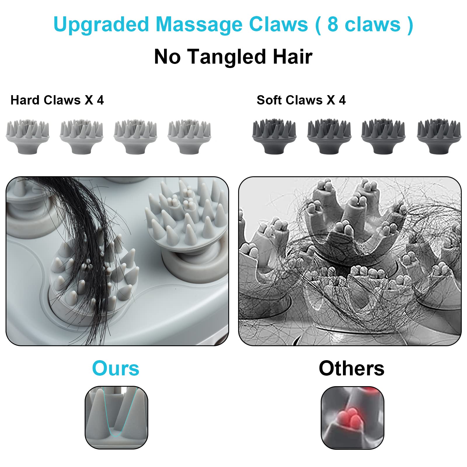 VIVIYA Masajeador de cuero cabelludo eléctrico, masajeador de cabeza portátil recargable con 4 garras de masaje extraíbles, resistente al agua para el cuero cabelludo de mano para masaje de cuerpo completo, crecimiento del cabello y relajación del estrés