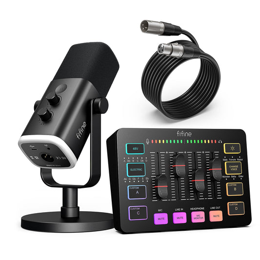 FIFINE Gaming Equipment Bundle,Set de Micrófono Dinámico XLR/USB Gaming con Mezclador de Audio Streaming para Grabación de Podcast Video Vocal,Set RGB Gamer con Fader Volumen/Interfaz XLR para PC-KS5