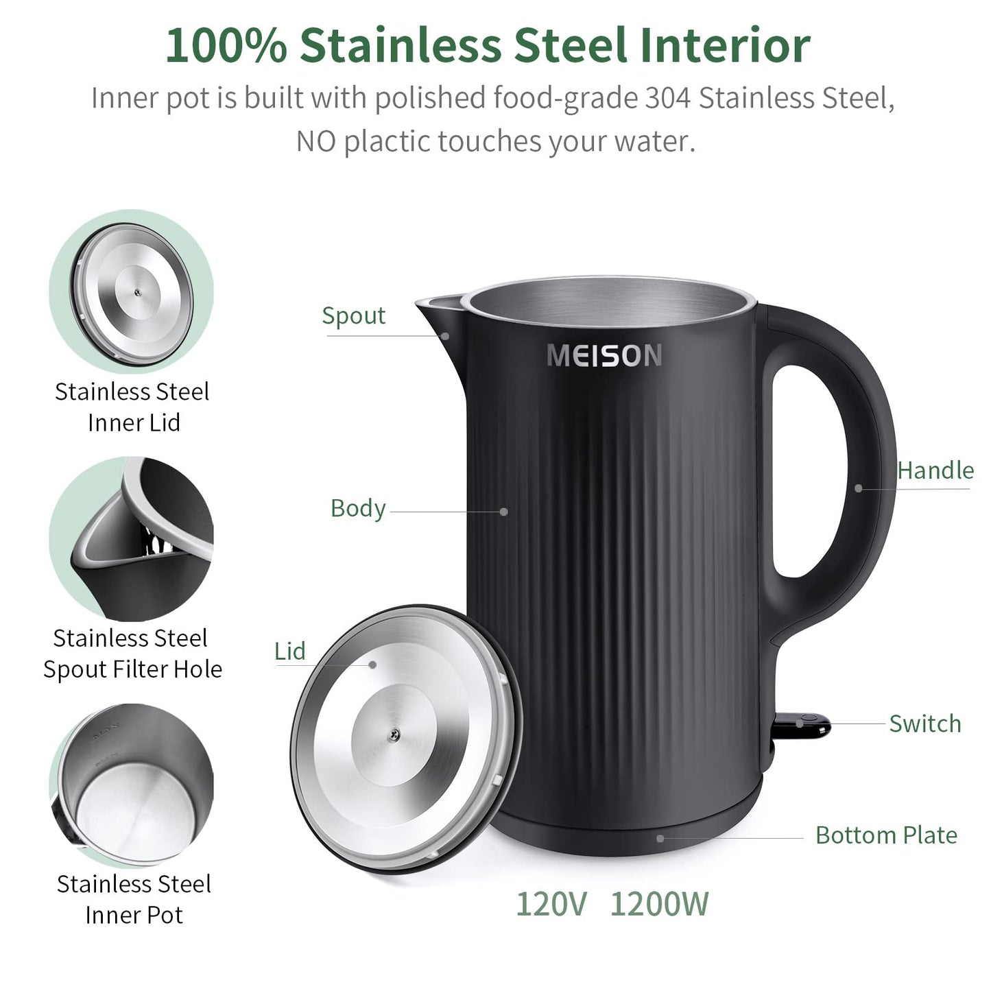 Hervidor Eléctrico MEISON Acero Inoxidable Doble Pared 1.7 Litros con Apagado Automático y Protección contra Ebullición en Seco