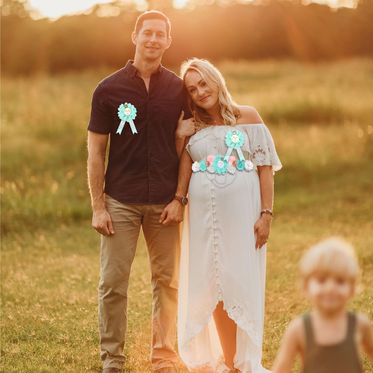 Set de banda y ramillete para revelación de género para maternidad y para ser mamá y papá Ramillete con tema de vegetación Decoraciones de baby shower Banda para la barriga en color agua Revelación de